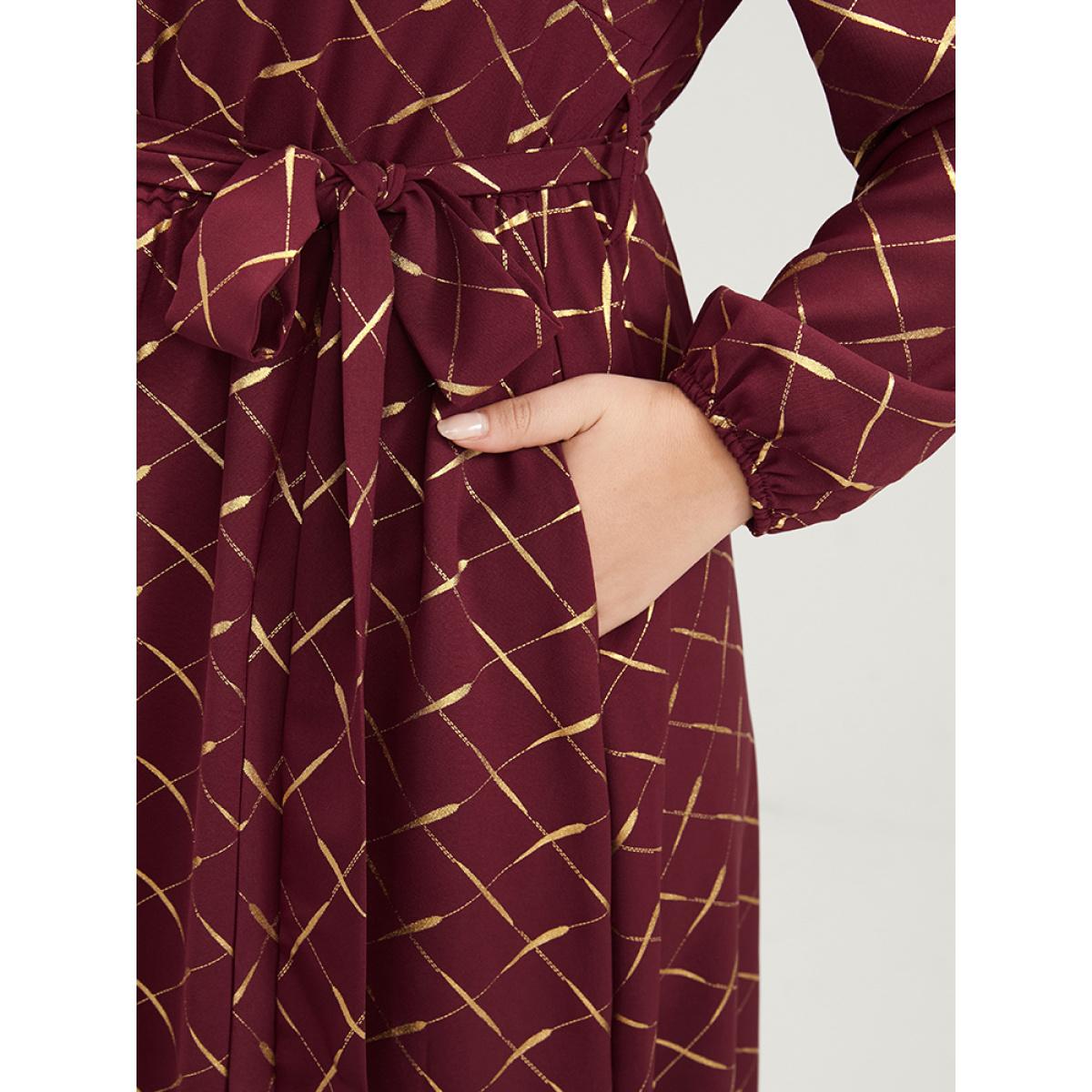 Plus Size Geometric Lantern Sleeve Pocket Keyhole Round Neck Belted Dress Scarlet Women Party Elastic Waist Round Neck Long Sleeve Curvy Midi Dress BloomChic 10/M Product Image