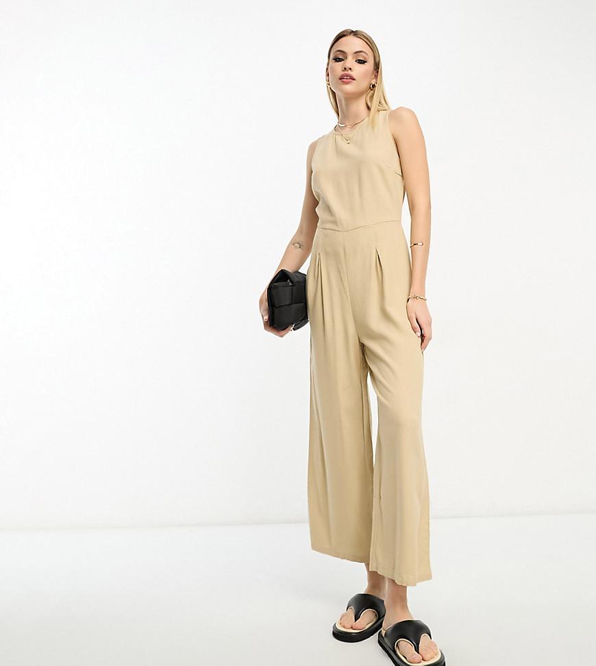 Vero Moda Tall linen touch tie back jumpsuit with pleat front wide leg Product Image
