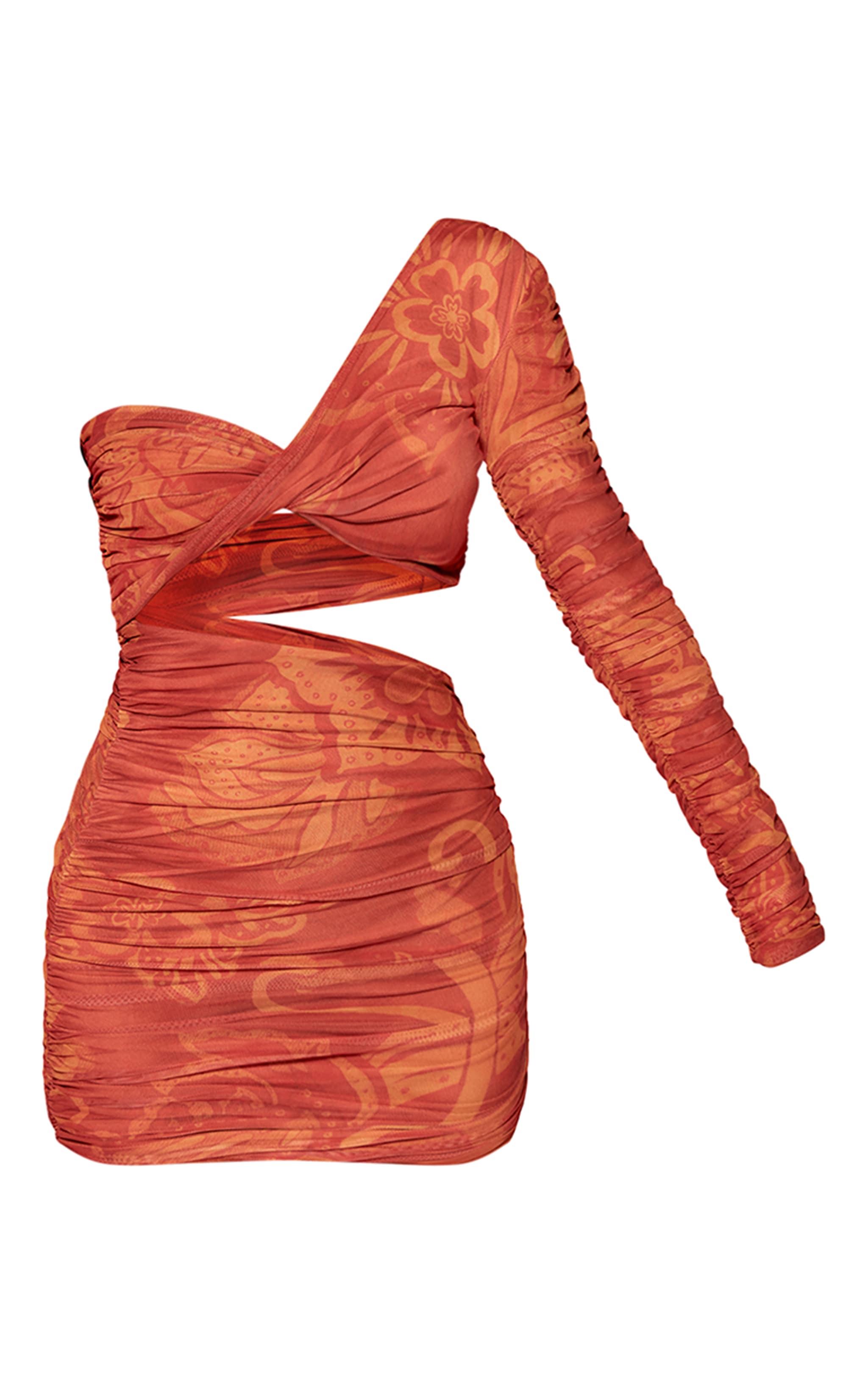 Orange Floral Print Double Layer Mesh Ruched Detail Bodycon Dress Product Image