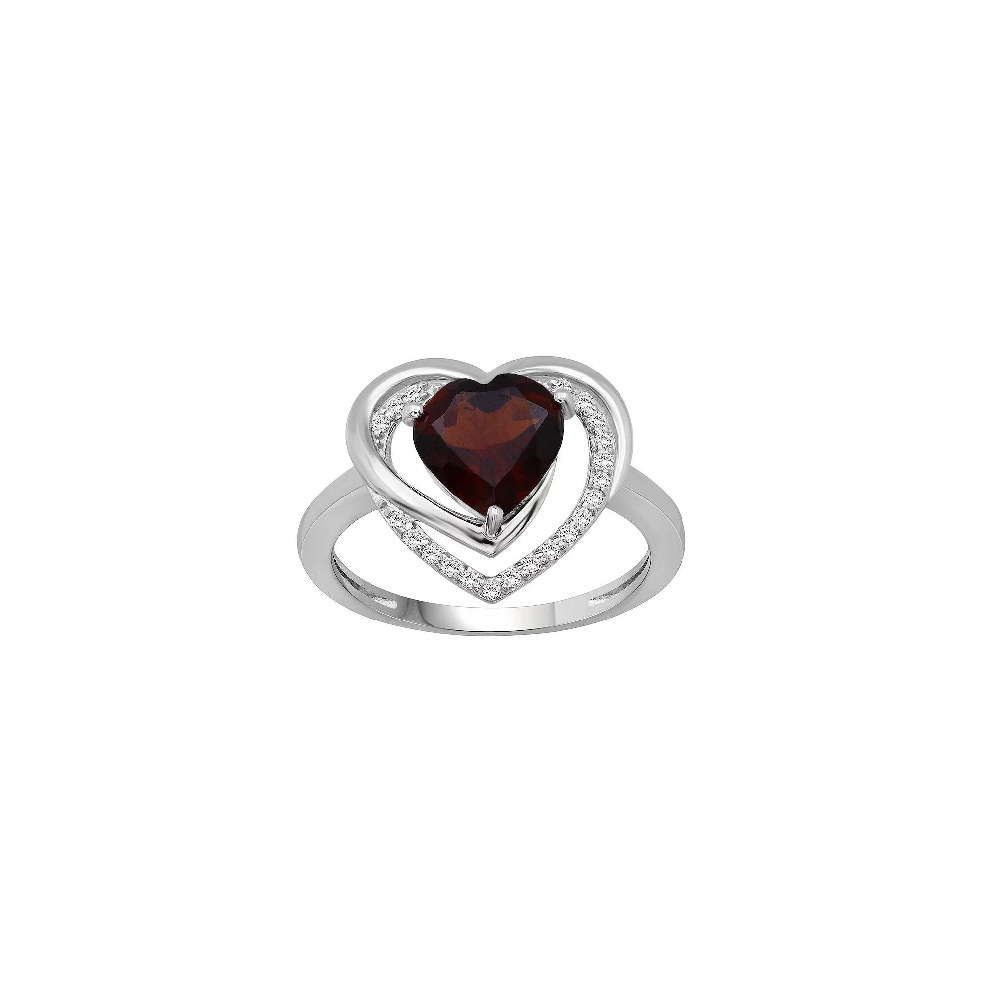 Jewelexcess Sterling Silver Garnet & 1/8 Carat T.W. Diamond Heart Ring, Women's, Size: 6 Product Image