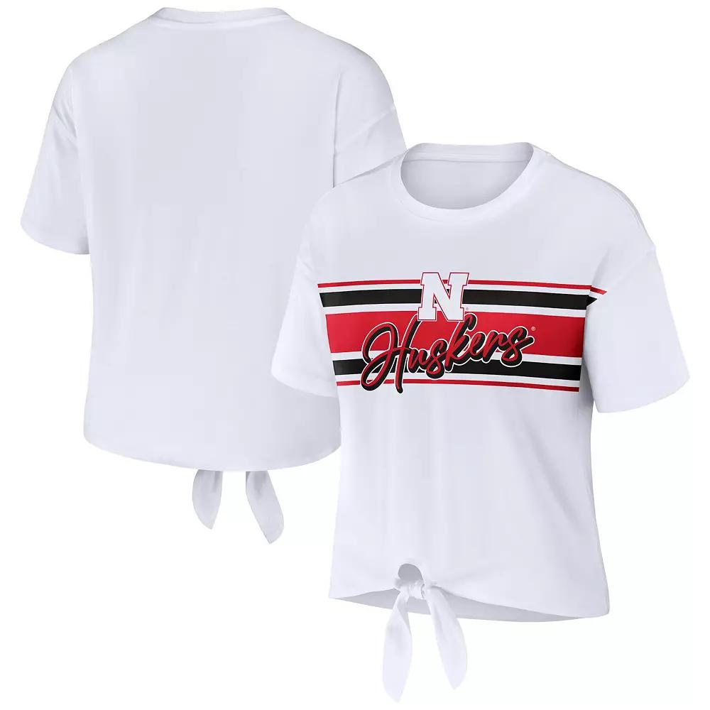 Women's WEAR by Erin Andrews White Nebraska Huskers Striped Front Knot Cropped T-Shirt,  Product Image