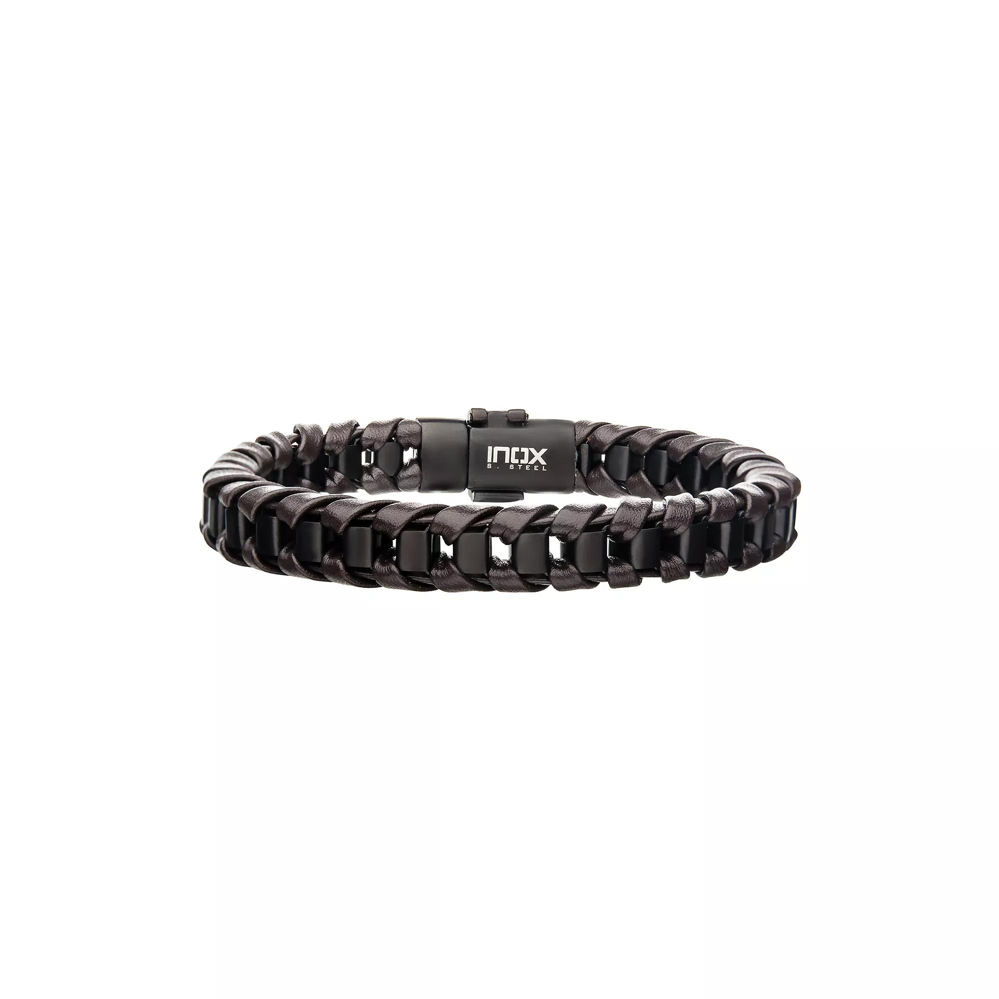 Men's Brown Leather & Black Plated Bracelet,  Product Image