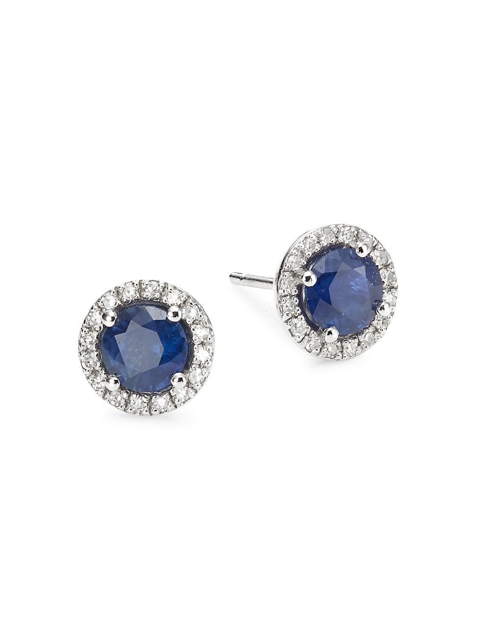 Womens 14K White Gold, Sapphire, & Diamond Stud Earrings Product Image