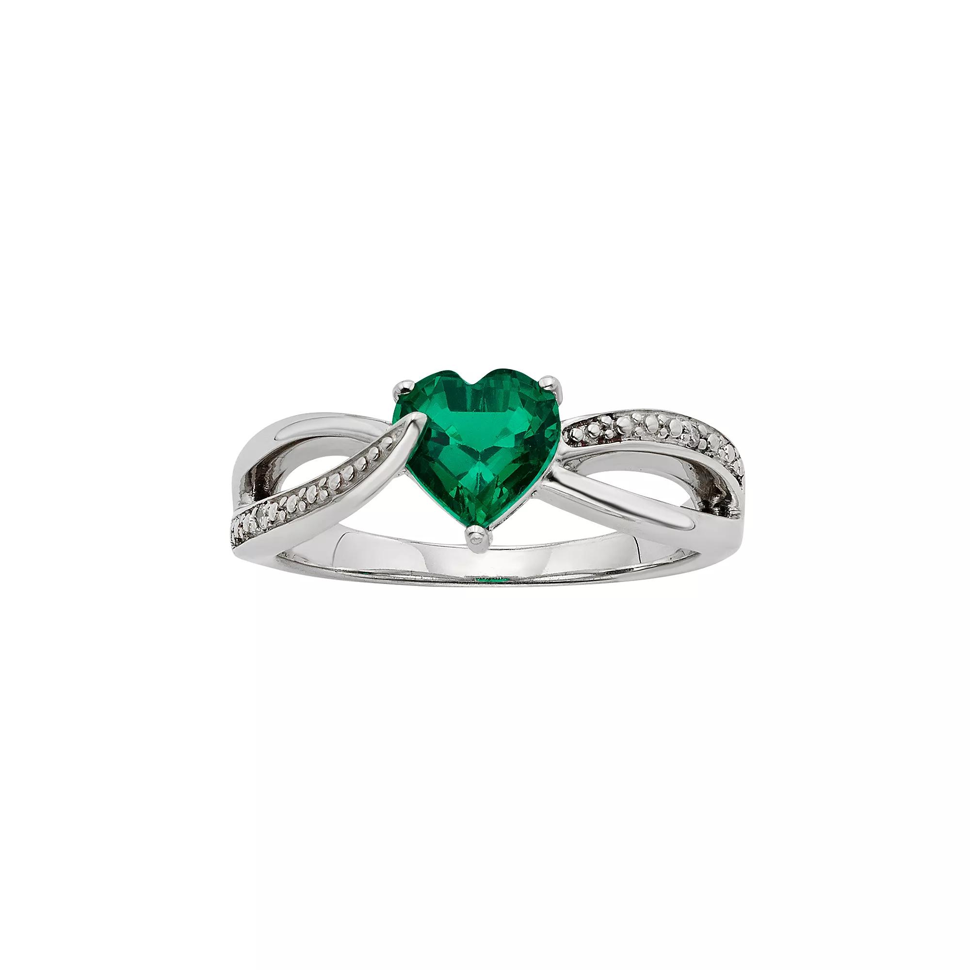 Lab-Created Emerald and Diamond Accent Sterling Silver Heart Bypass Ring, Women's, Size: 8, Green Product Image