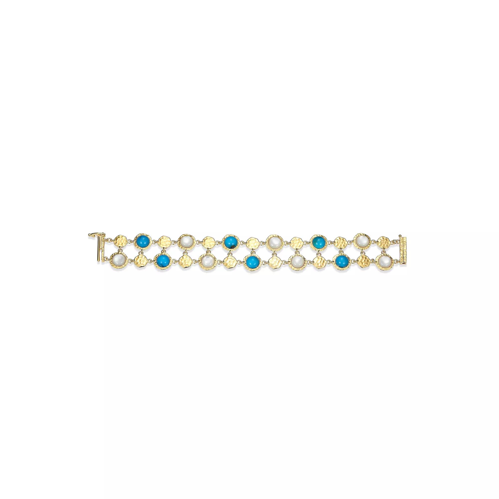 18k Gold Over Silver Turquoise & White Mother of Pearl Medallion Link Bracelet, Women's, Size: 7.25", Gold Tone Product Image