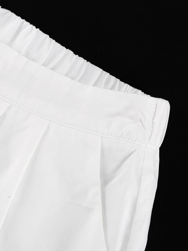 Loose Puff Sleeves Pleated Solid Color Off-The-Shoulder Blouse + Pants Trousers Elasticity Two Pieces Set Product Image