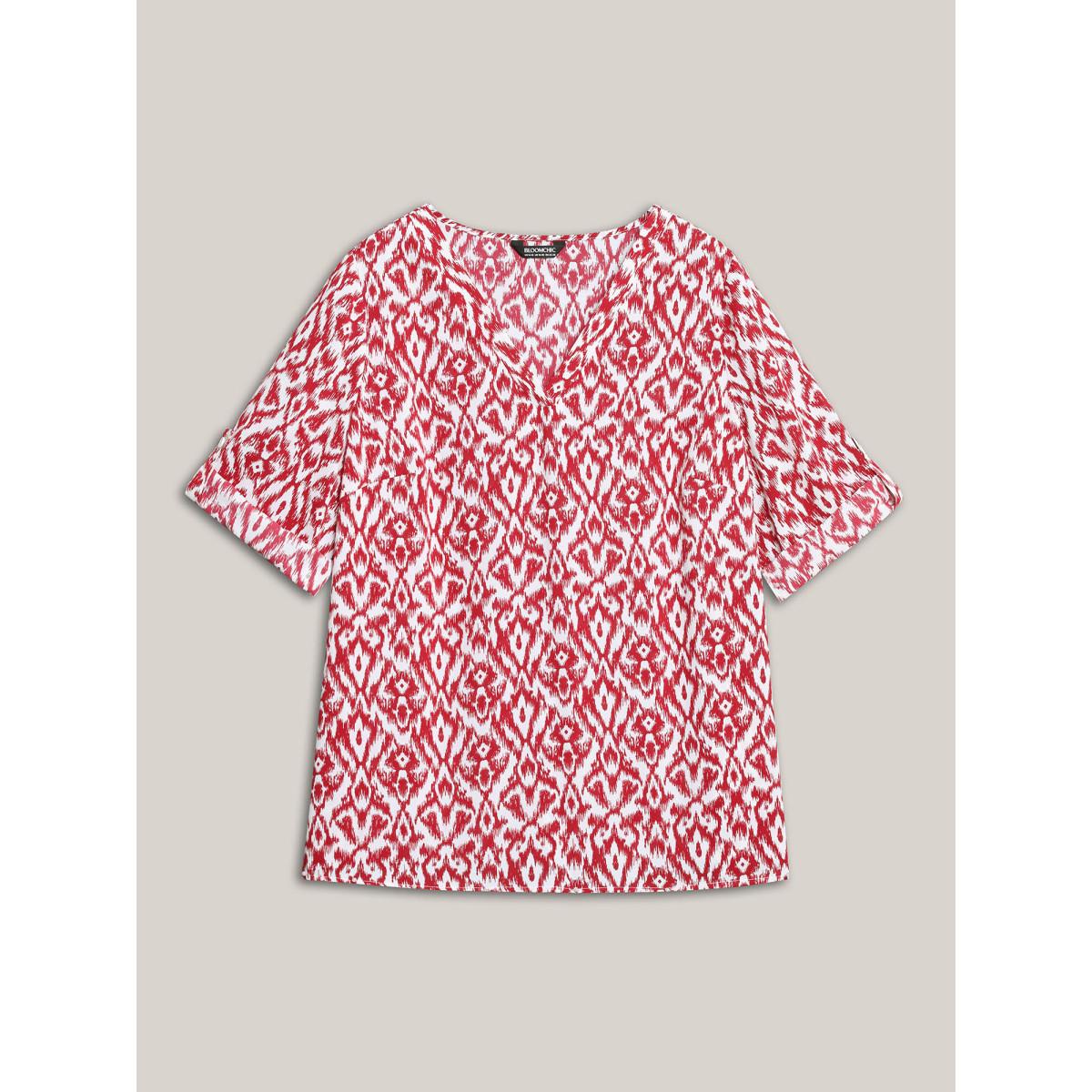 Plus Size Burgundy Geometric Print Gathered Sleeve Shirt Women Boho Elbow-length sleeve Notched collar Vacation Blouses BloomChic 14-16/1X Product Image