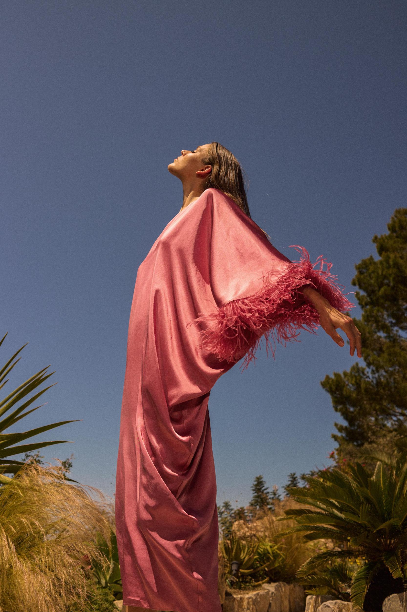 FEATHERED SATIN LONG DRESS Product Image