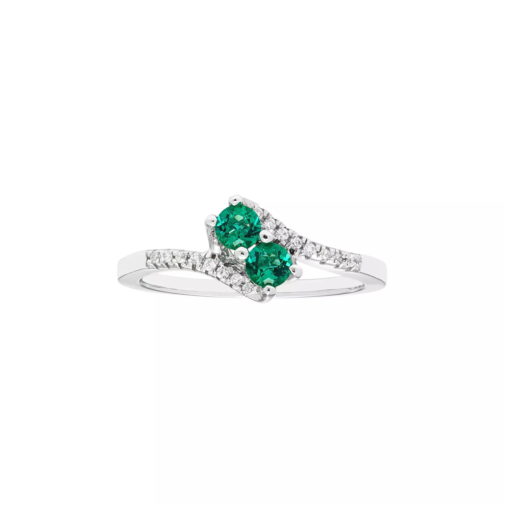 Sterling Silver Lab Created Emerald Two Stone & Diamond Accent Bypass Ring, Women's, Size: 7, Green Product Image