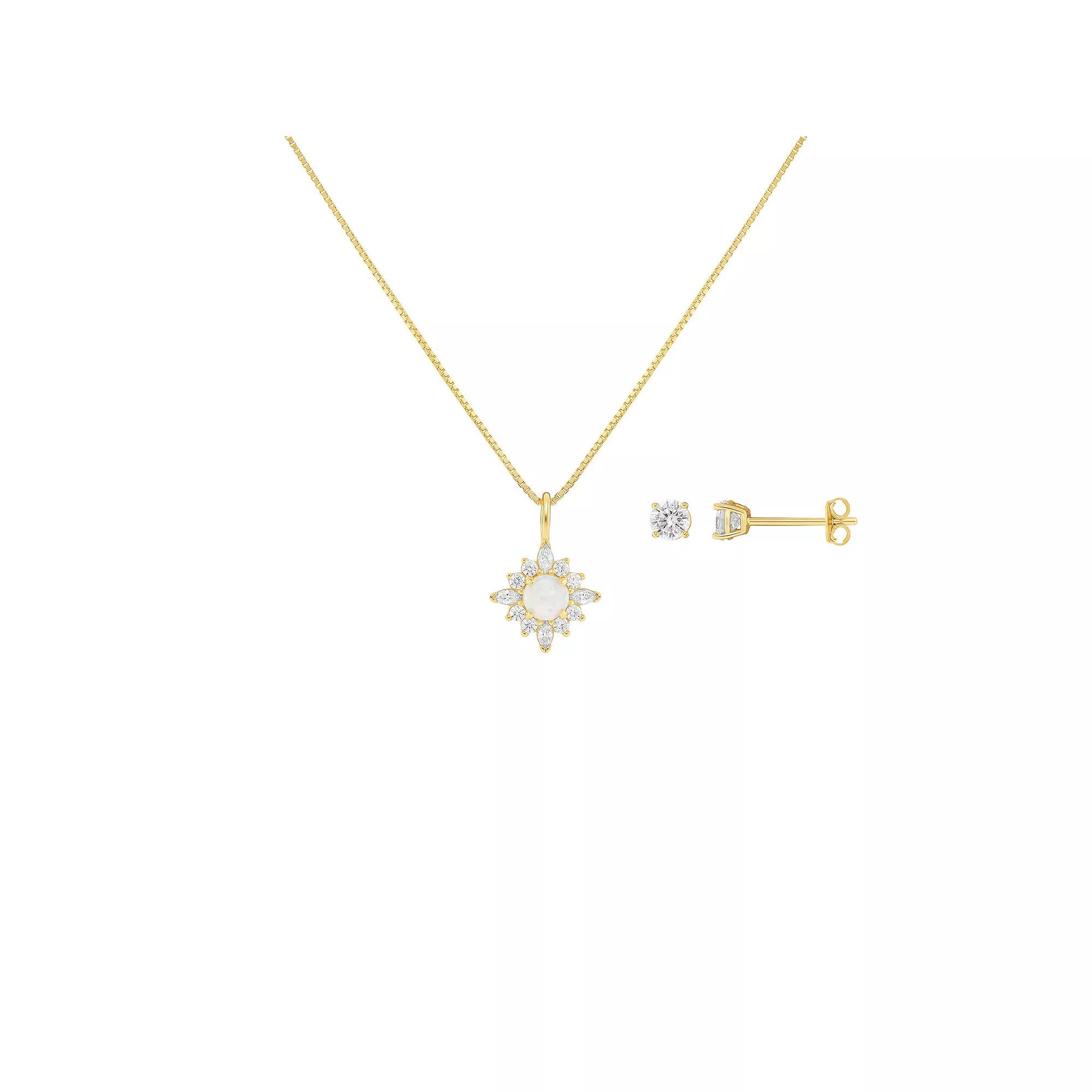 PRIMROSE Sterling Silver Cubic Zirconia & Opal Cluster Pendant Necklace & Stud Earring Set, Women's, Size: 18", Yellow Gold Tone Opal Product Image