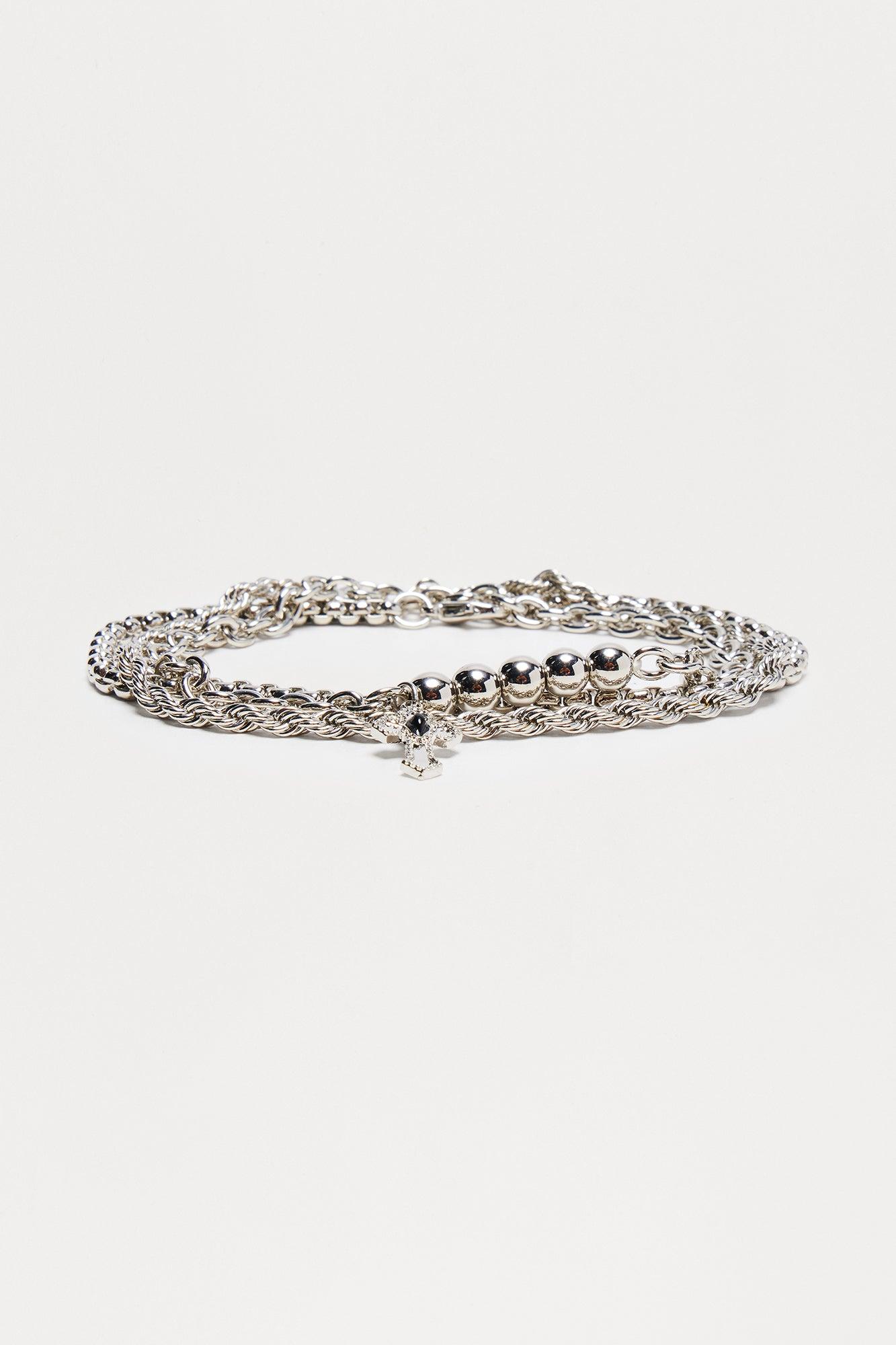 Gatsby Cross Beaded Bracelet Set - Silver/Black Product Image