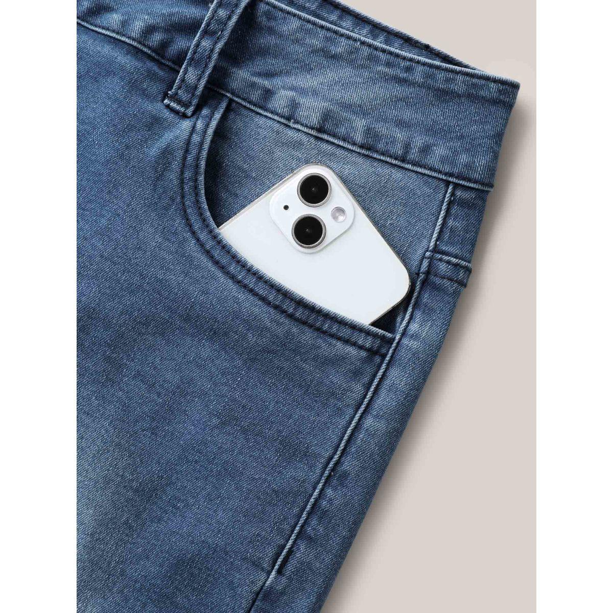 Plus Size Frayed Hem High Rise Denim Shorts Women Midblue Medium stretch Everyday-Casual Slanted pocket Denim Shorts BloomChic 16/1X Product Image