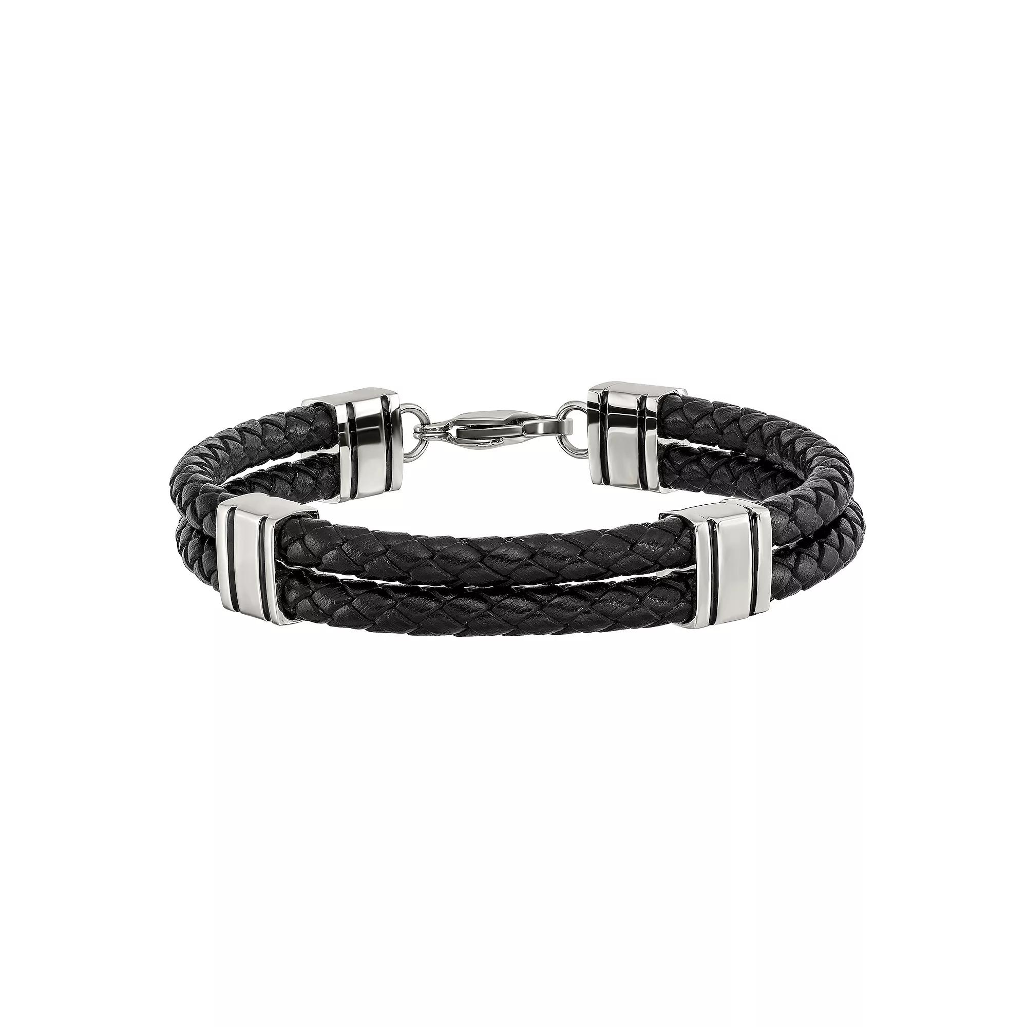 Men's Stainless Steel Double Strand Black Leather Bracelet, Size: 9" Product Image