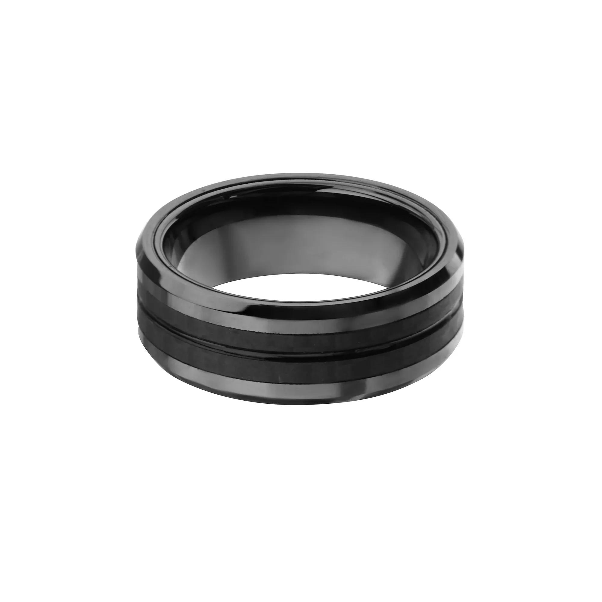 DANTE Men's Black Stainless Steel & Carbon Fiber Double Line Ring,  Product Image