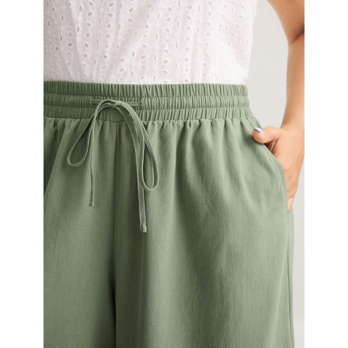Plus Size Shirred Drawstring Solid Wide-Leg Pants Women Mint Leisure Wide Leg Mid Rise Casual Pants BloomChic 28/5X Product Image