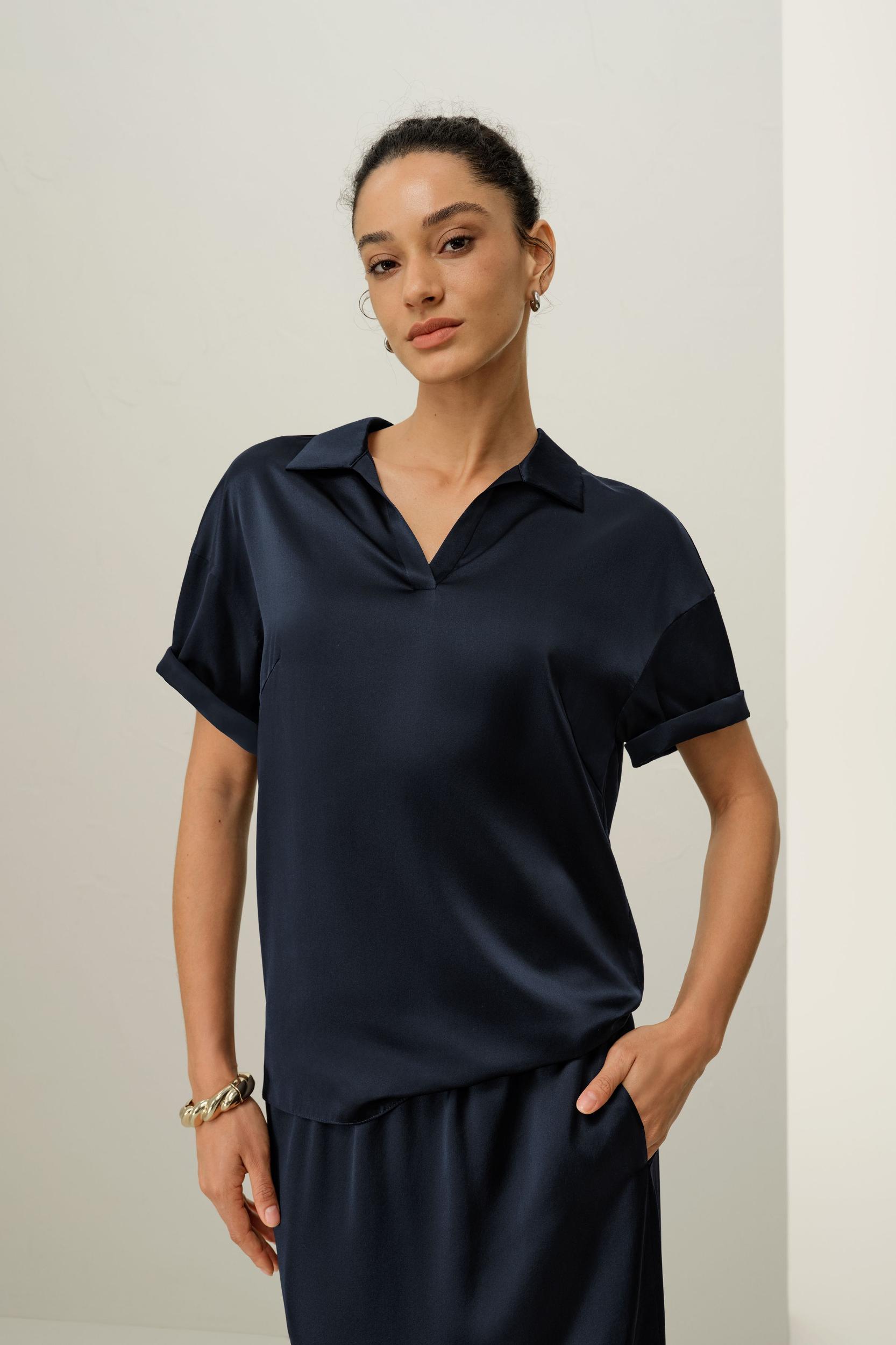 Washable Silk Charmeuse Polo Top Product Image