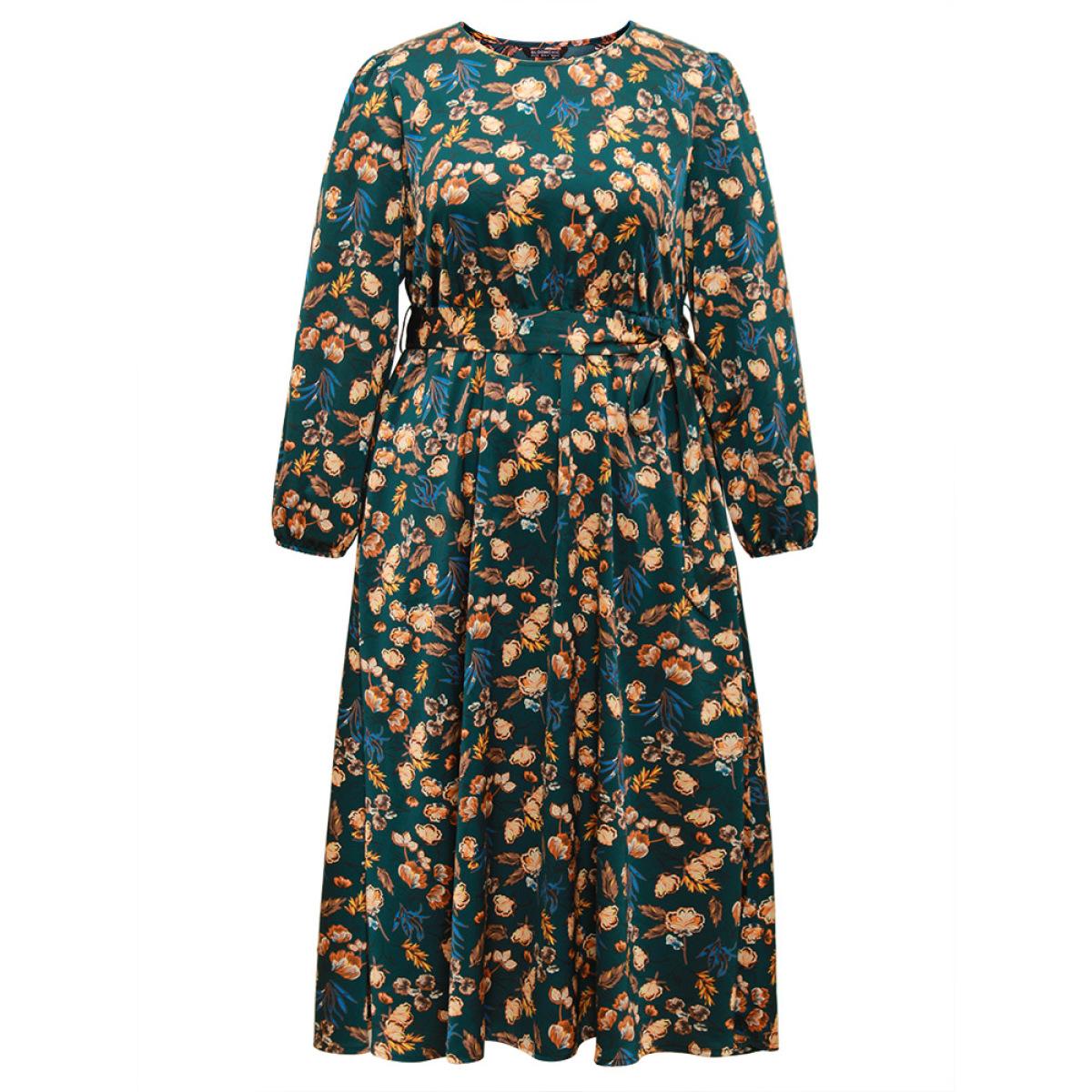 Plus Size Floral Lantern Sleeve Belted Elastic Waist Dress Cyan Women Office Elastic cuffs Round Neck Long Sleeve Curvy Midi Dress BloomChic 28/5X Product Image