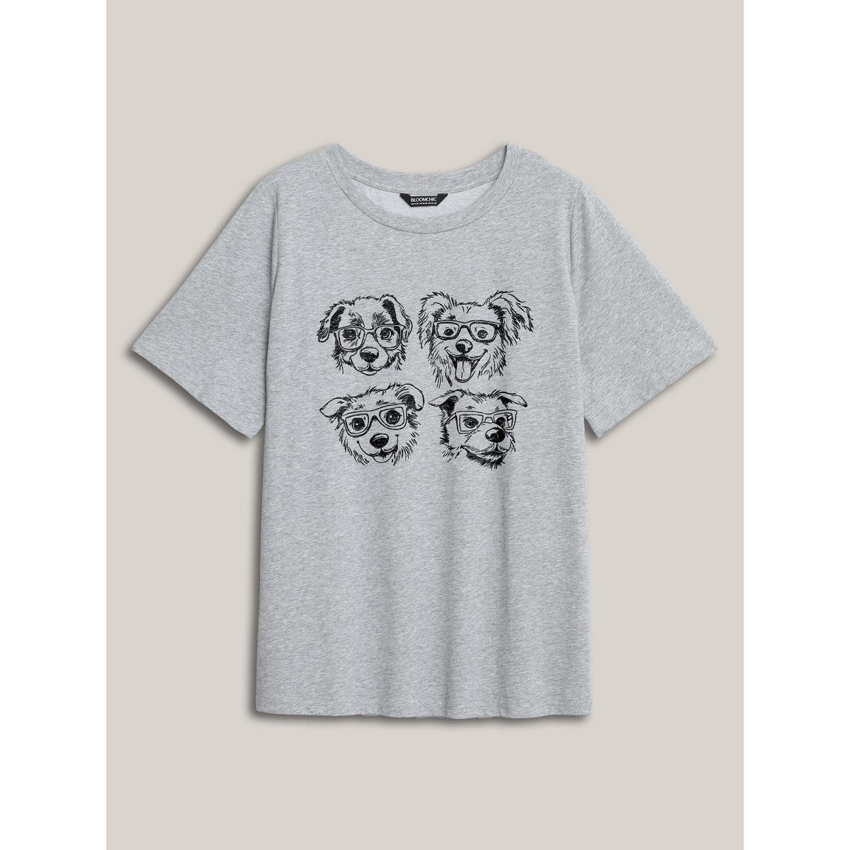 Plus Size Puppy Print Round Neck T-Shirt Mediumgray Women Playful Non Animals Round Neck Casual T-shirts BloomChic 12/L Product Image