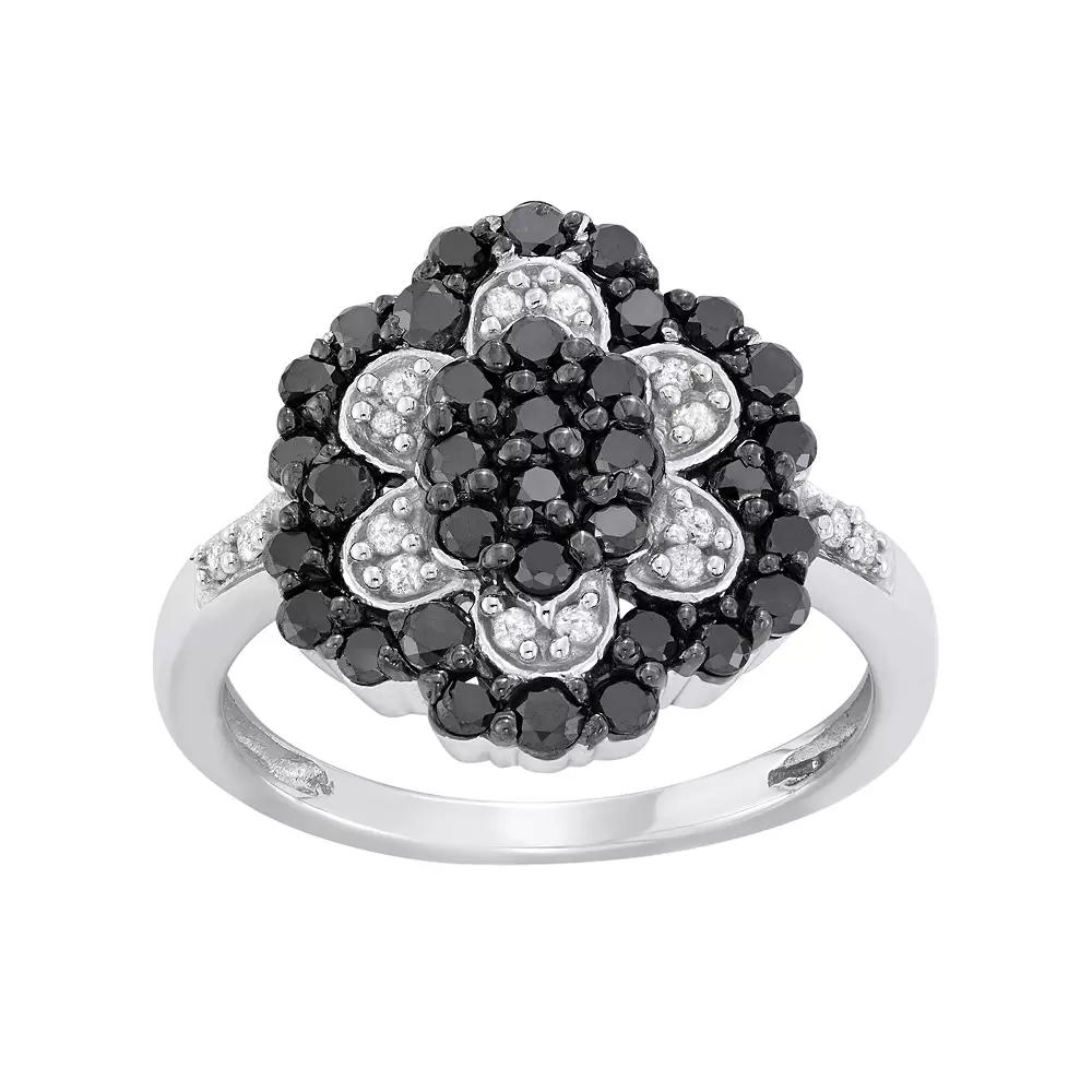 Jewelexcess 1 Carat T.W. Black and White Diamond Sterling Silver Flower Ring, Women's, Size: 6 Product Image