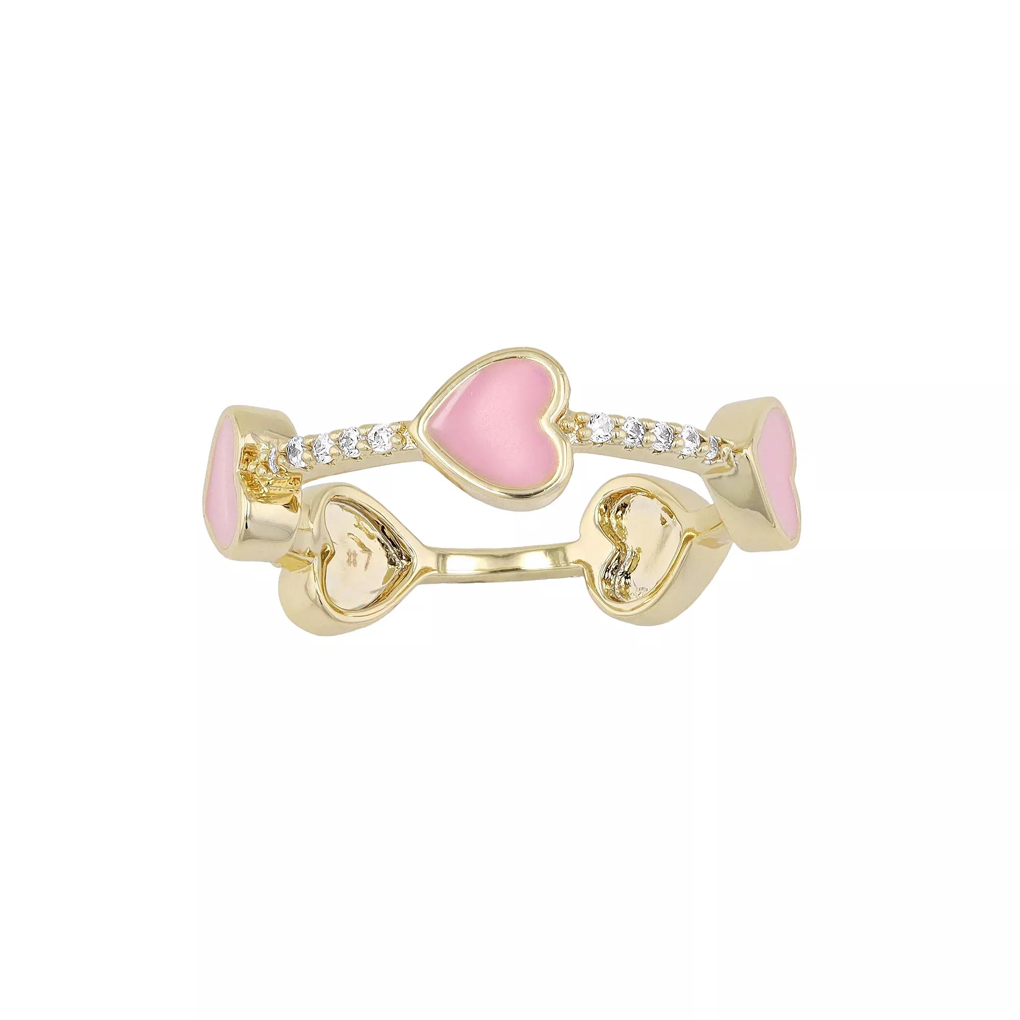 14k Gold Over Silver Cubic Zirconia Enamel Heart Stacking Ring, Womens Pink Product Image