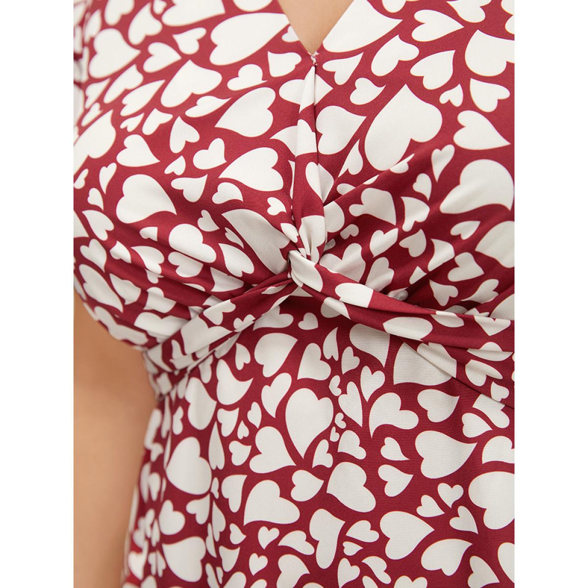 Plus Size Heart Print V Neck Crossover Pocket Dresse Red Women Elegant Slit V-neck Short sleeve Curvy Midi Dress BloomChic 18-20/2X Product Image