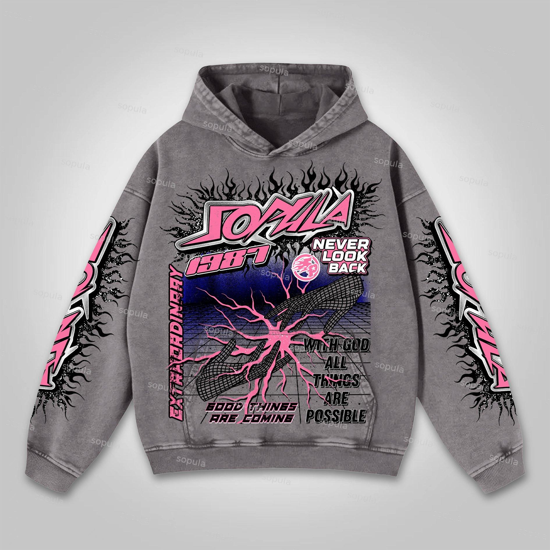Sopula Flame Font Network Connection Graphic Washed Hoodie Product Image