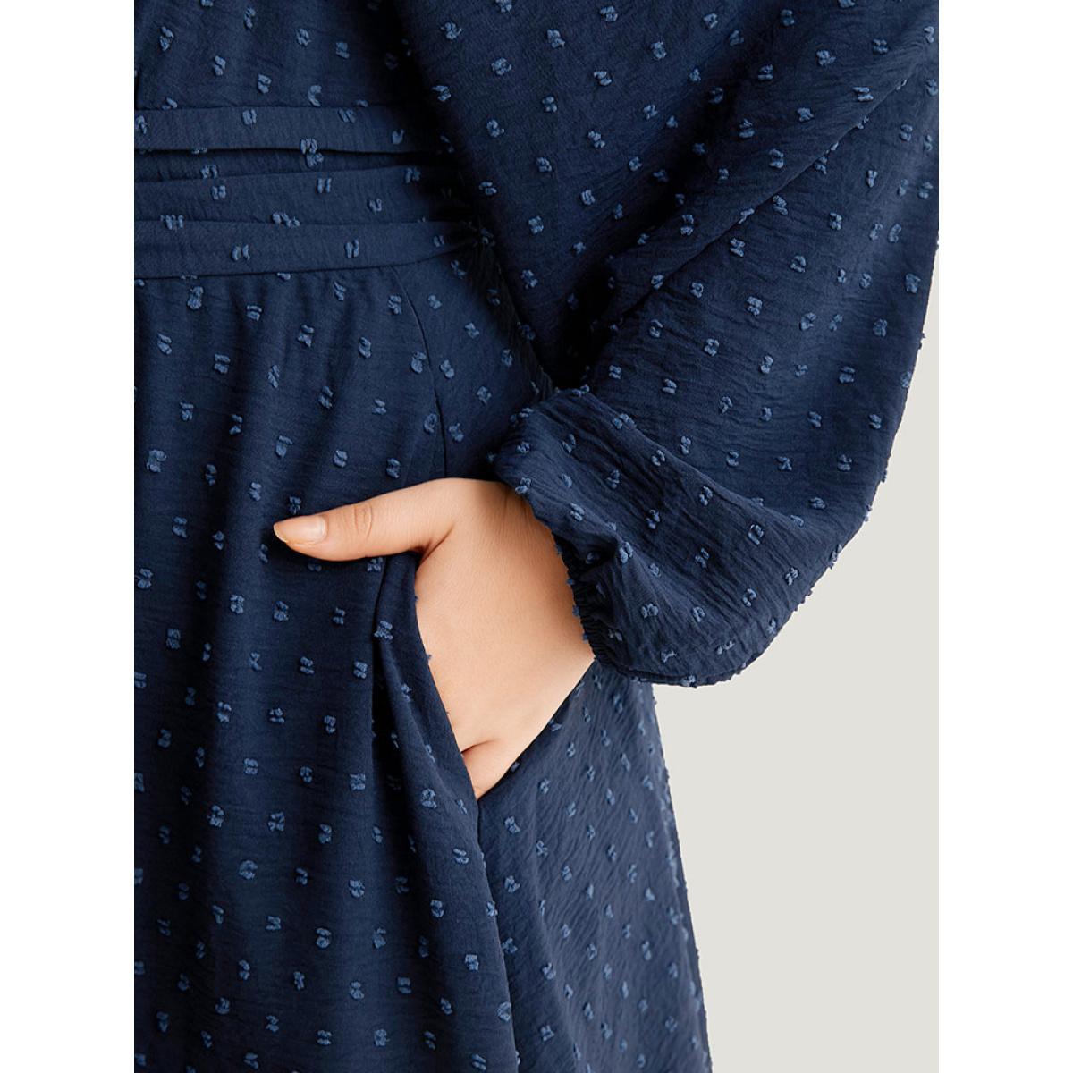 Plus Size Polka Dot Square Neck Lantern Sleeve Shirred Dress Navy Women Elegant Elastic cuffs Square Neck Long Sleeve Curvy Midi Dress BloomChic 22-24/3X Product Image