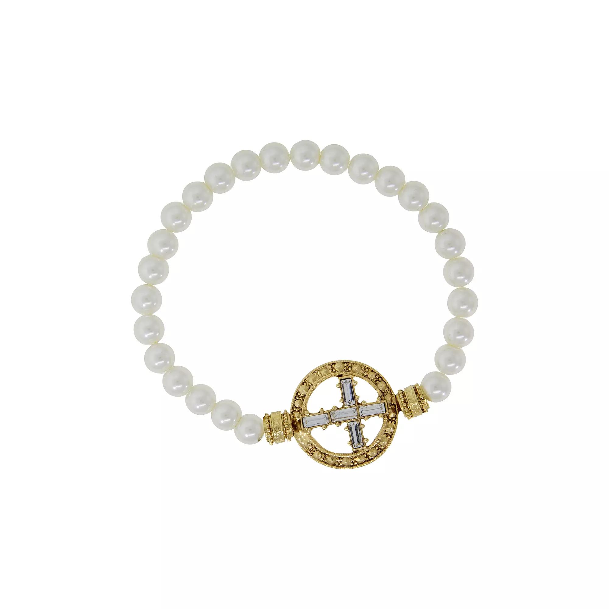 Symbols of Faith Gold Tone Crystal Cross Faux Pearl Stretch Bracelet, Women's, Silver Tone White Product Image