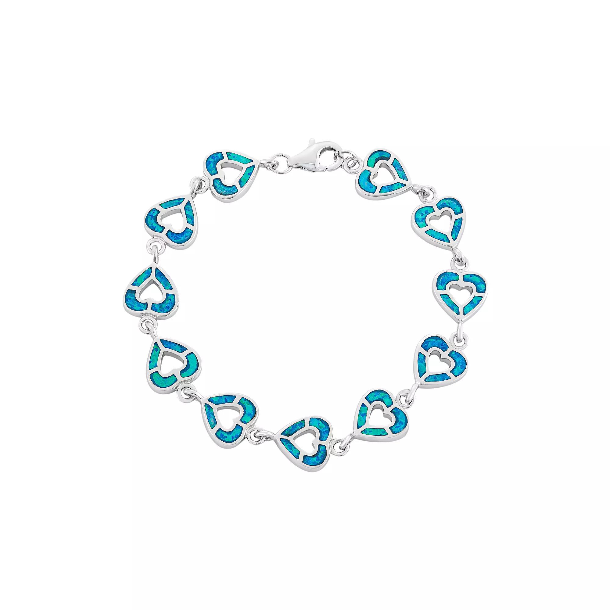 Lab-Created Opal Sterling Silver Reversible Heart Bracelet, Women's, Size: 7", Blue Product Image