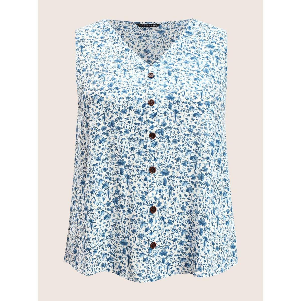 Plus Size Ditsy Floral Sleeveless Button Detail Tank Top Women LightBlue Casual Button V-neck Everyday Tank Tops Camis BloomChic 12/L Product Image