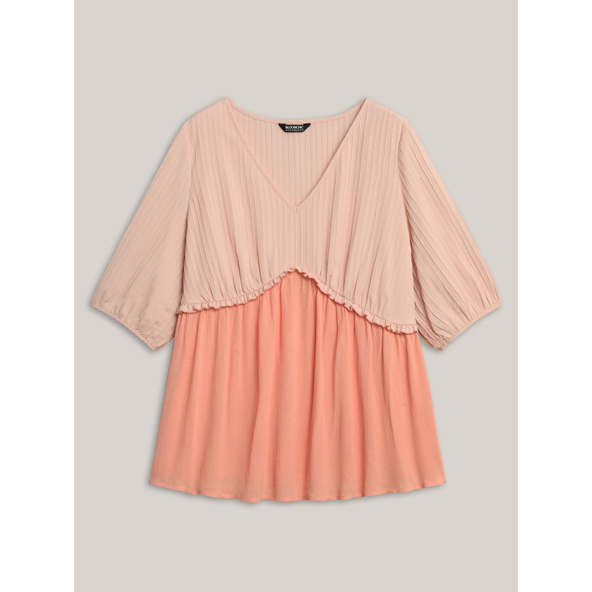 Plus Size Coral Pleated Layered Sheer Puff Sleeve Blouse Women Elbow-length sleeve V-neck Everyday-Casual Blouses BloomChic 26/4X Product Image