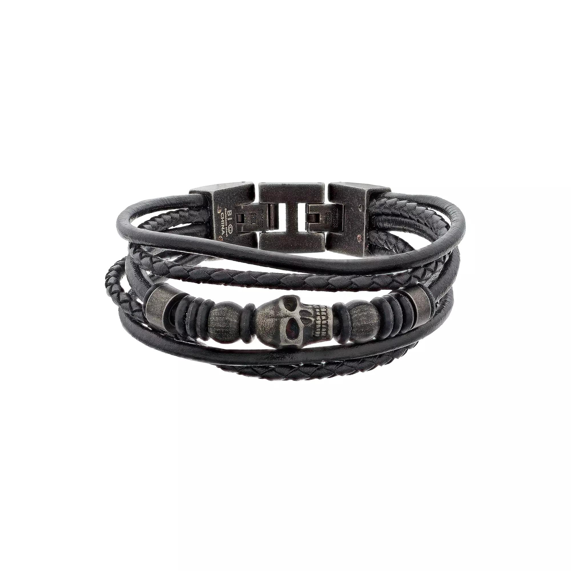 LYNX Men's Black Leather Multistrand Bracelet, Women's, Silver Product Image