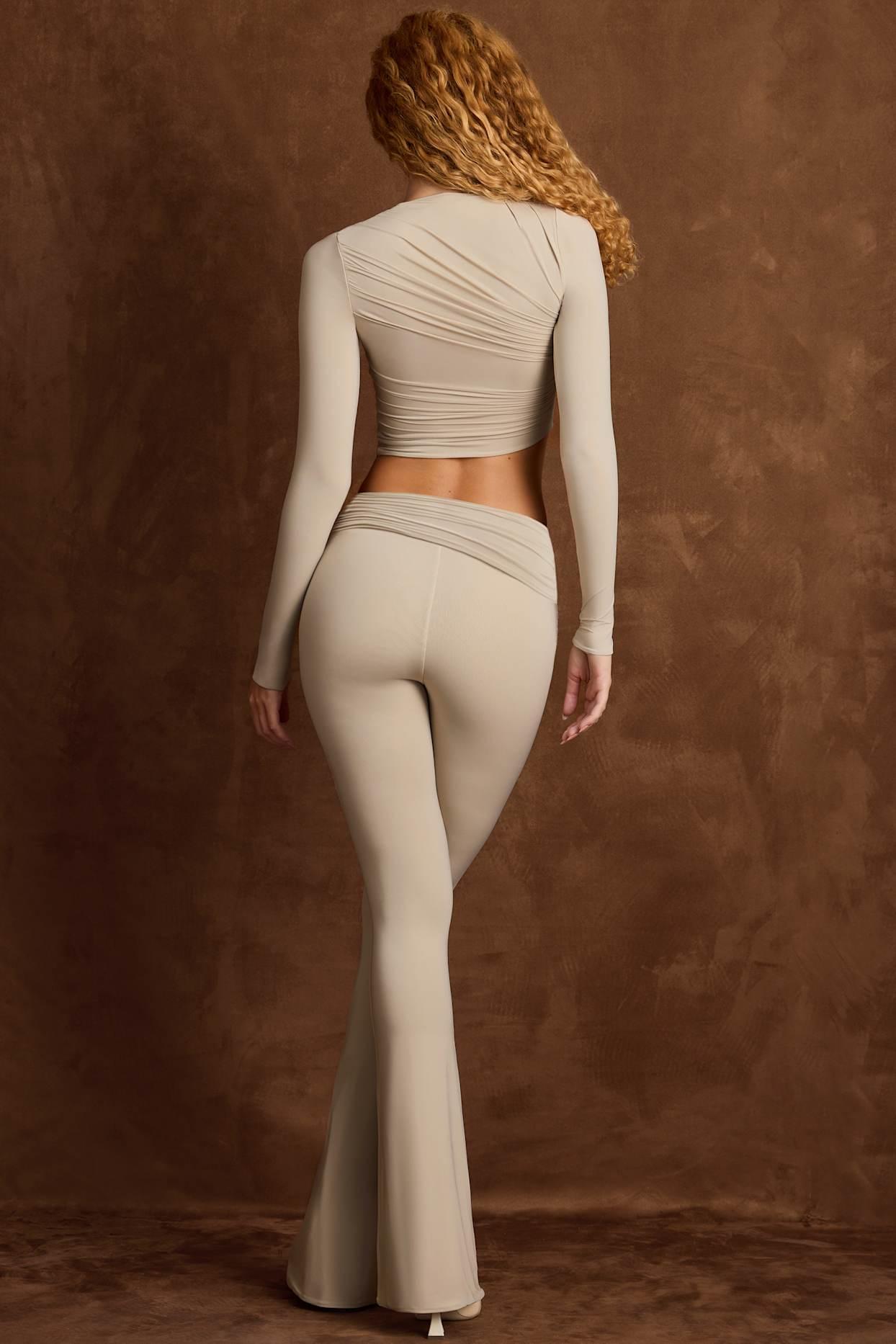 Asymmetric Draped Mid-Rise Flared Trousers in Taupe Product Image