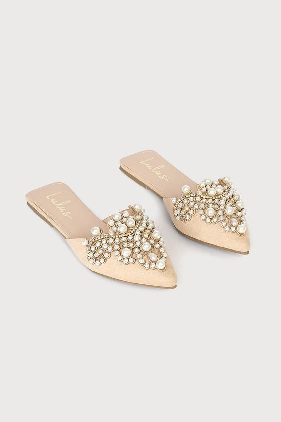 Flora Beige Suede Pearl Embroidered Pointed-Toe Flats Product Image
