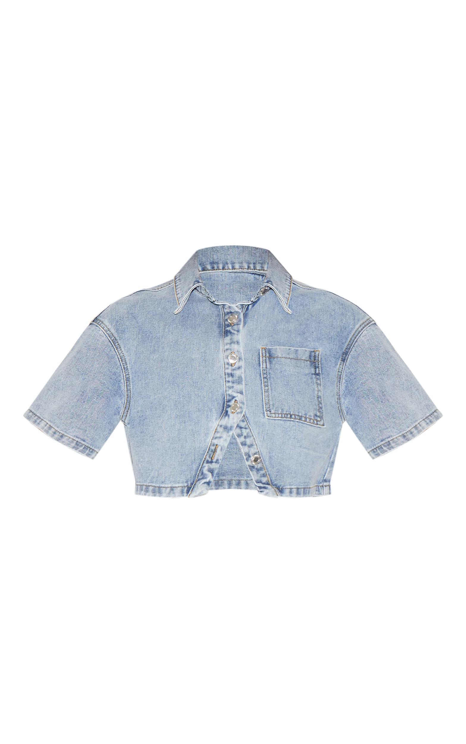 Tall Vintage Wash Button Up Short Sleeve Cropped Denim Shirt Product Image