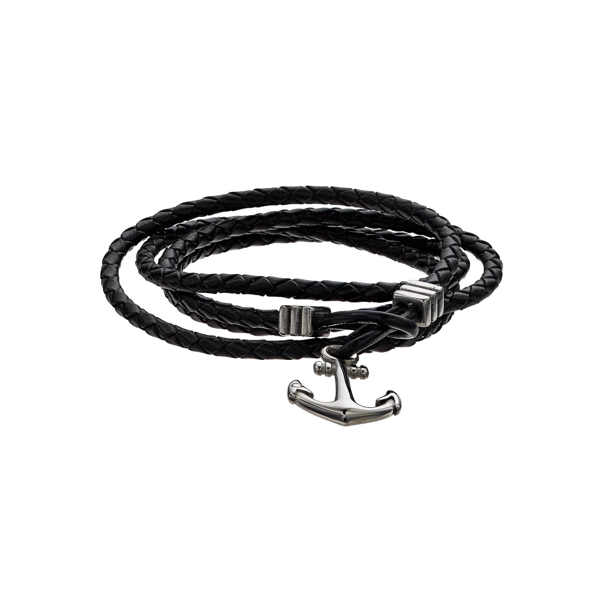 Men's Stainless Steel Anchor & Black Leather Wrap Bracelet, Size: 7.5" Product Image