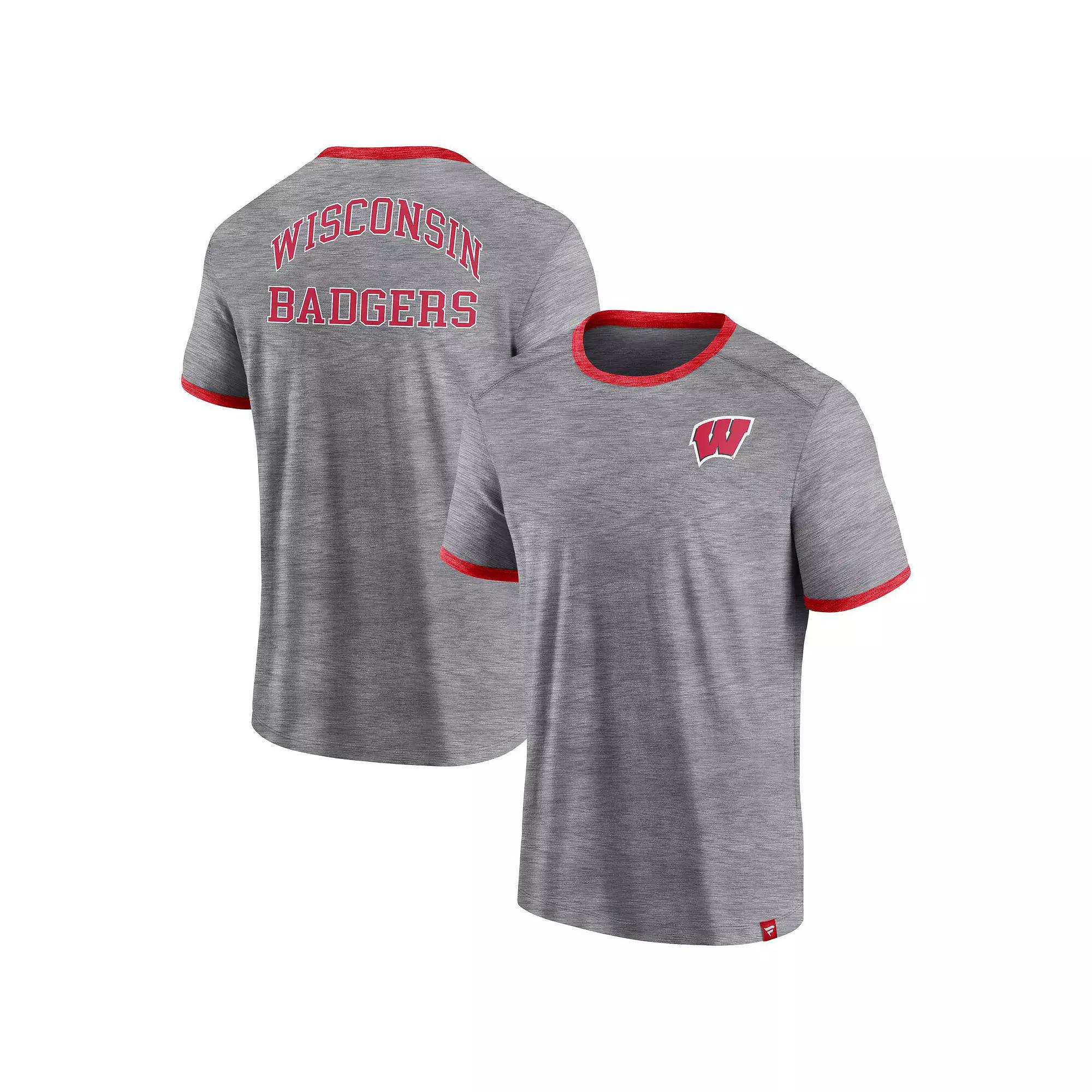 Men's Fanatics Branded Heather Gray Wisconsin Badgers Classic Stack Ringer T-Shirt,  Product Image