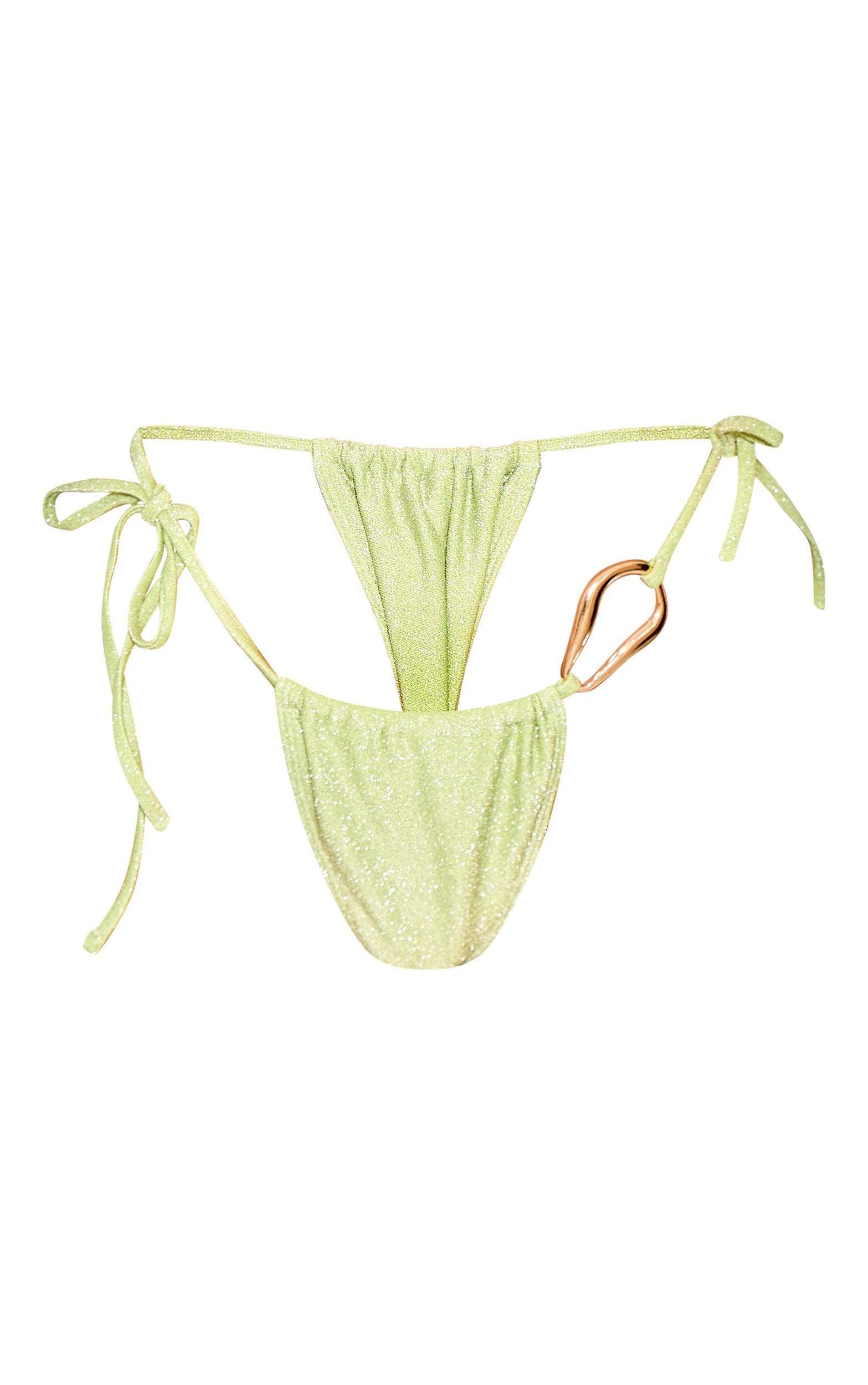 Green Lurex Trim Detail Tie Side Bikini Bottoms Product Image
