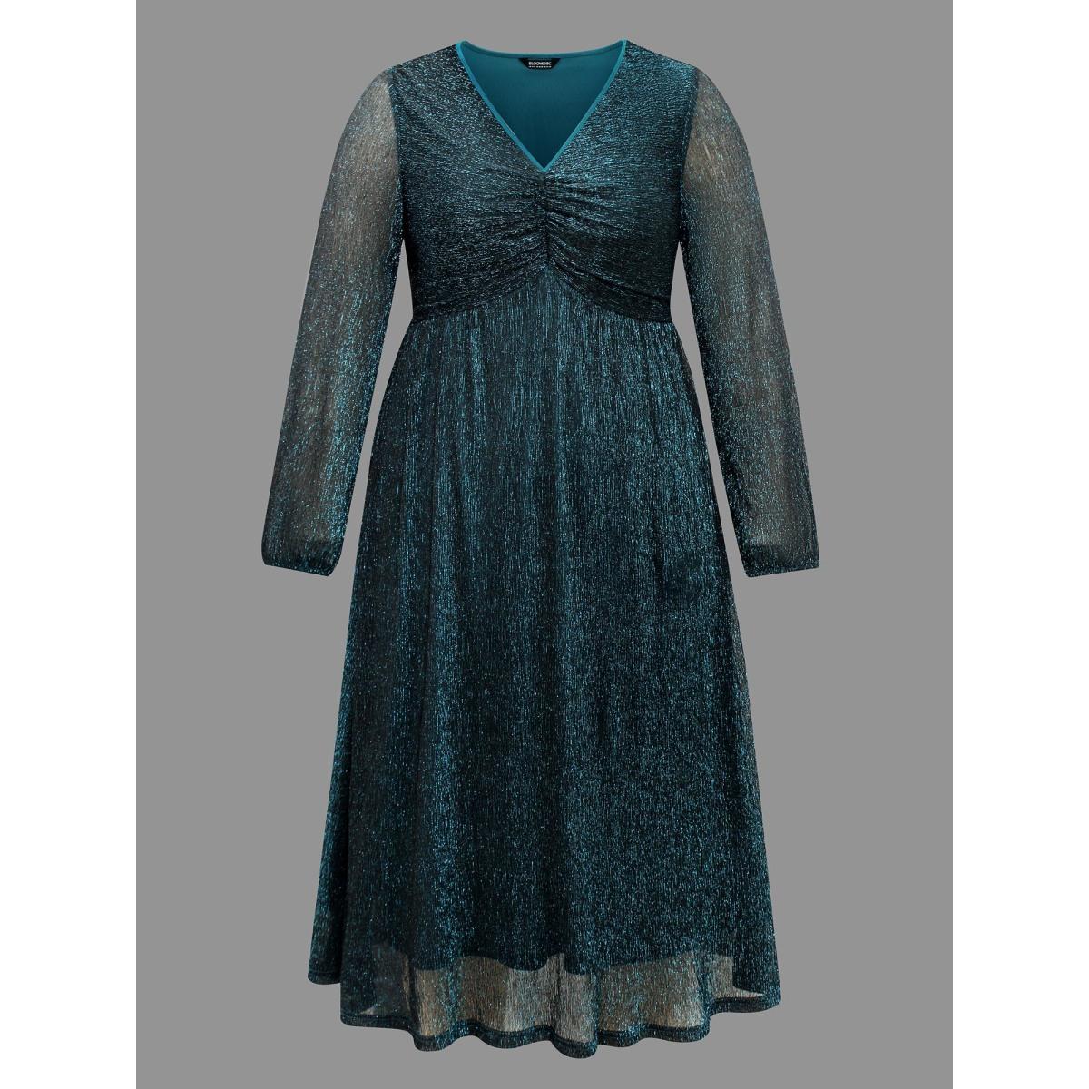 Plus Size Luxe V Neck Ruched Mesh Dress Aegean Women Cocktail Gathered Party Curvy Bloomchic 14-16/1X Product Image