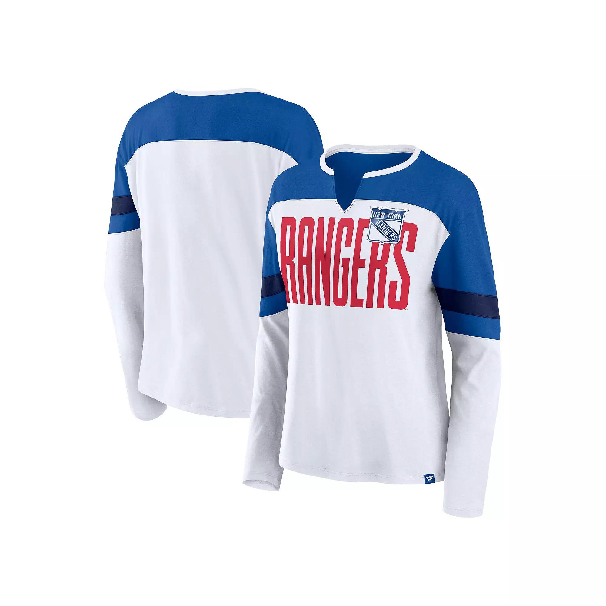 Women's Fanatics White/Blue New York Rangers Frozen Long Sleeve Notch Neck T-Shirt,  Product Image