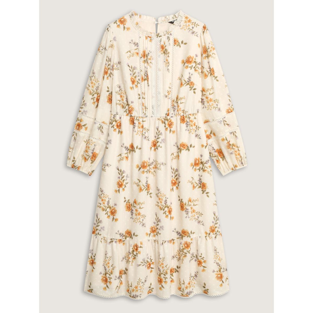 Plus Size Floral Textured Lace Trim Flowy Midi Dress Beige Women Romantic Round Neck Extra Long Sleeve Curvy BloomChic 18-20/2X Product Image