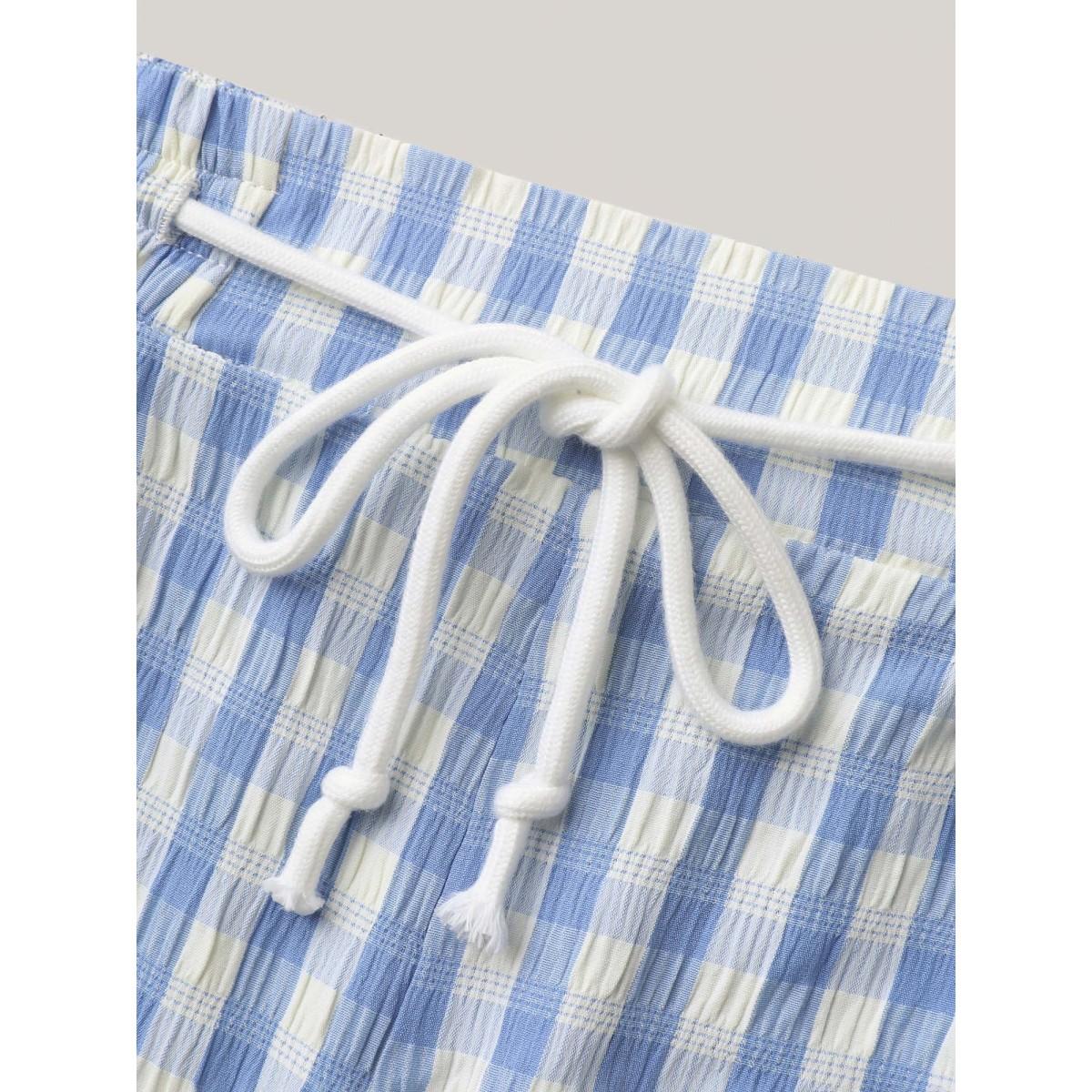 Plus Size Plaid Print Drawstring Wide-Leg Shorts Women LightBlue Casual Drawstring Wide Leg Everyday-Casual Shorts BloomChic 18-20/2X Product Image