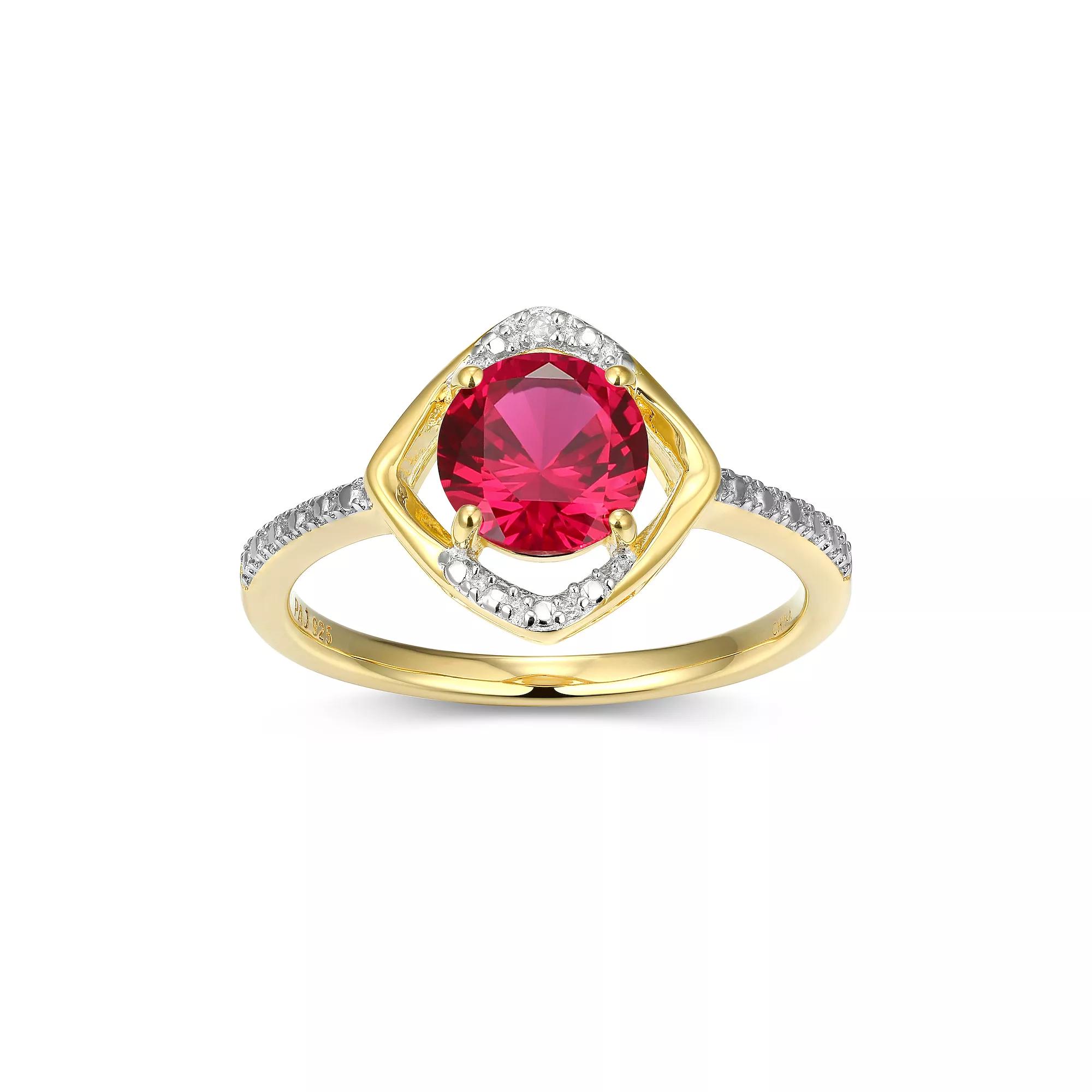 18k Gold Plated Sterling Silver Gemstone & Diamond Accent Halo Ring, Women's, Size: 7, July Created Red Product Image