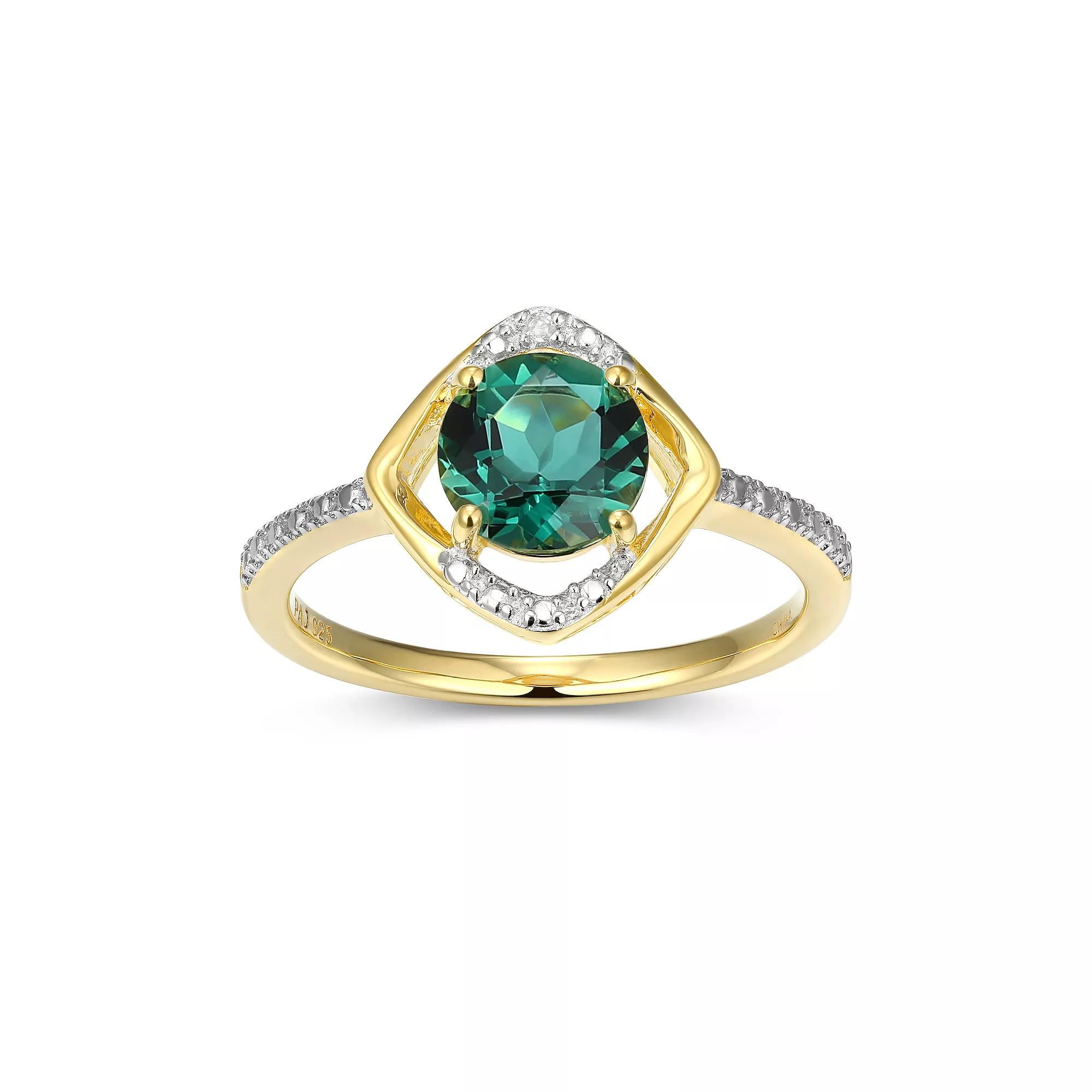 18k Gold Plated Sterling Silver Gemstone & Diamond Accent Halo Ring, Women's, Size: 7, May Gen Green Quartz Product Image
