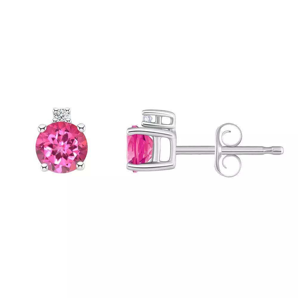 Celebration Gems 14k White Gold 4 mm Round Birthstone & 1/10 Carat T.W. Diamond Stud Earrings, Women's, Pink Topaz Jun Product Image