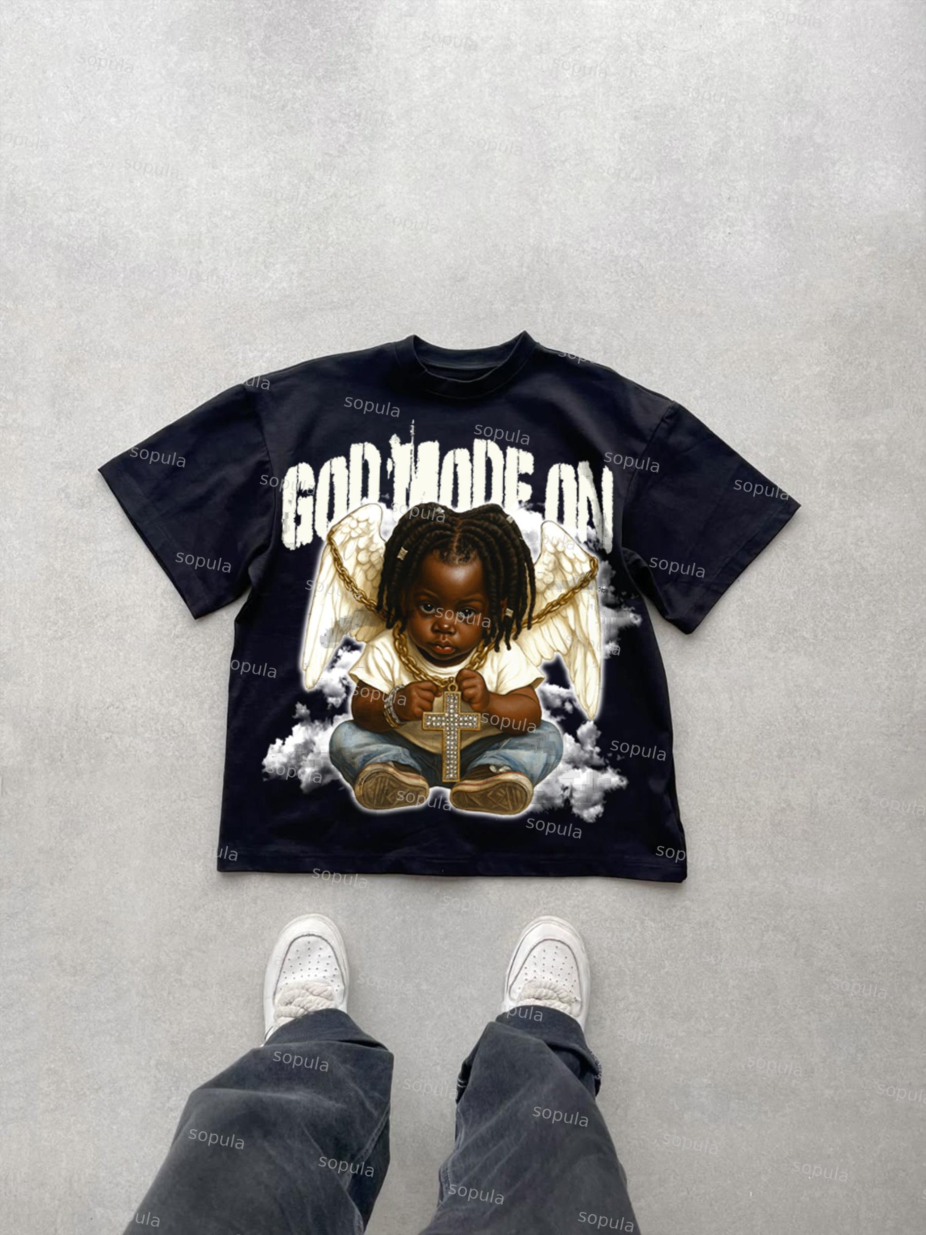 Black Kid Angel God Mode Is On Vintage Graphic Cotton T-shirt Product Image