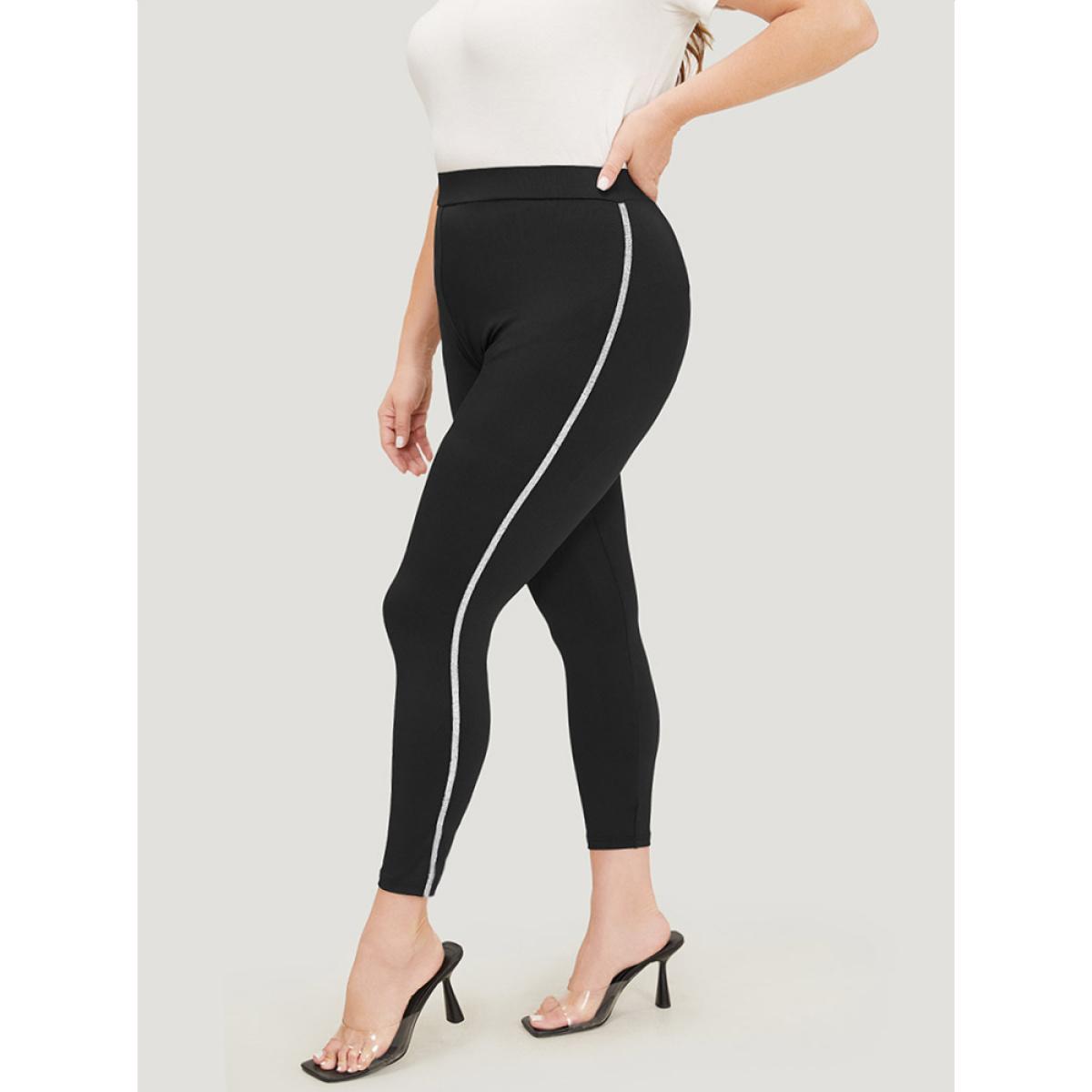 Plus Size Glitter Contrast Side Skinny Leggings Women Black Elegant High stretch Skinny High Rise Dailywear Leggings BloomChic 14-16/1X Product Image