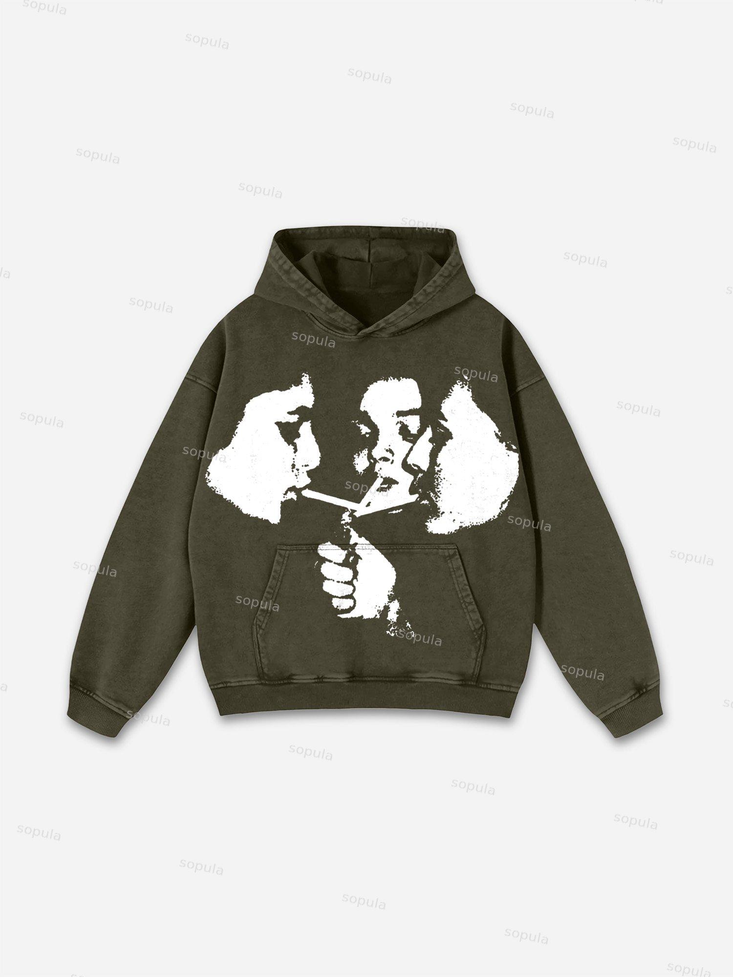 Sopula Relaxed Vintage Graphic Casual Street Washed Hoodie Product Image