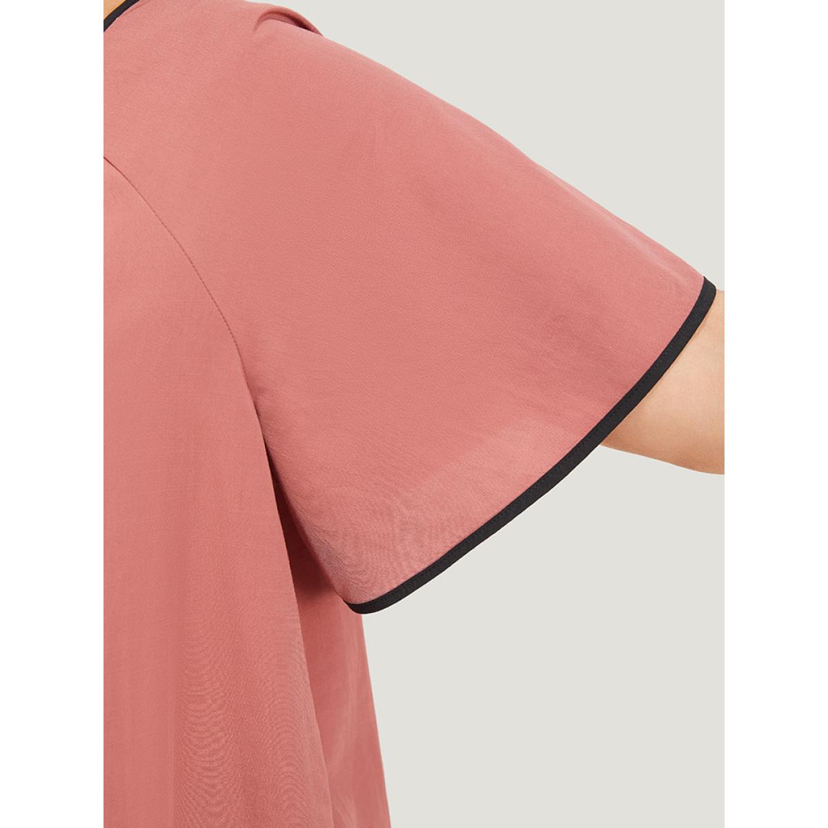 Plus Size Rouge Contrast Trim Plicated Detail Ruffle Sleeve Keyhole Blouse Women Elegant Short sleeve Keyhole Cut-Out Dailywear Blouses BloomChic 12/L Product Image