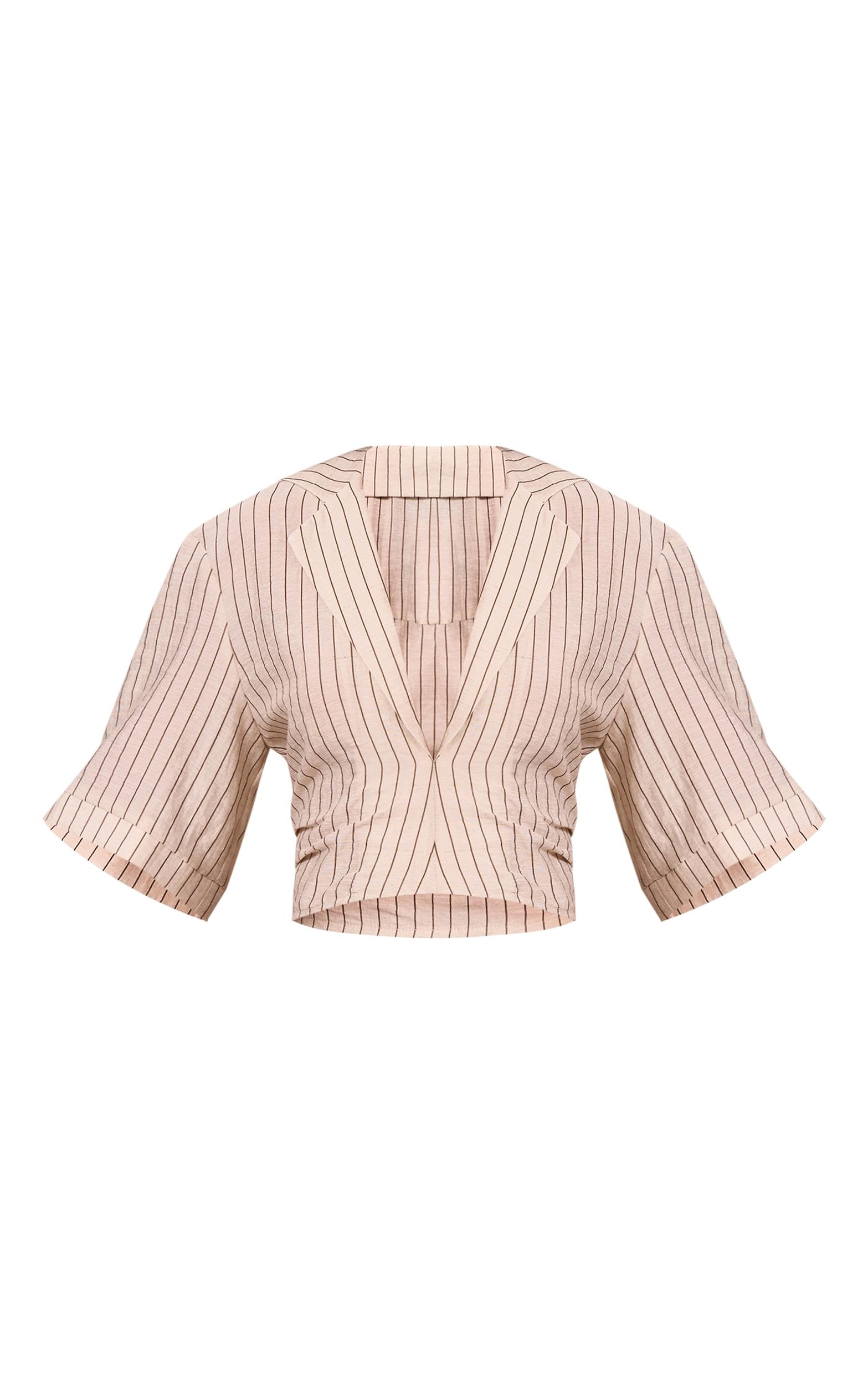 Stone Pinstripe Lightweight Woven Twist Cropped Shirt Product Image